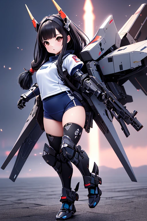 (highest quality)), ((masterpiece)), (Very detailed: 1.3), 3D, {(One Girl)}, (Navy blue bloomers and、Wear a white gym suit with a colored hem underneath the armor:1.2), (Black Hair:1.5), Wearing a futuristic Gundam mecha,(Heavy Armor Gundam), With headgear, With V-fin , Armored Shoulders,Armed, Armor at the feet, Short sleeve, Equipped with two huge weapons on its back, Leg-mounted weapon module, Multi-layer texture perfect ratio, Octane Rendering, Duotone Lighting, Low ISO, wide aperture, White balance, Three-part method, Ultra HD 16k, High resolution (High Dynamic Range), Ray Tracing, NVIDIA, Super Resolution, Scattered under the surface, PBR Texturing, Post-processing, Anisotropic Filtering, Written boundary depth, Maximum clarity and sharpness, Highly efficient subpixels, Subpixel Convolution, Particles of light, Scattered Light, Tyndall effect, whole body:1.5, Combat pose, cute, (cute:1.2), (Long Hair:1.3),Thick eyebrows, Pale-colored iris, big, Bright black eyes, Long eyelashes, small, Bright colors, Natural lips, (The average face of a Japanese idol), (日本人特有のBaby Face:1.3), (Baby Face), Wide forehead:1.2, Plump Cheeks, small jaw, In the Hangar,View your audience,Focus on the eyes