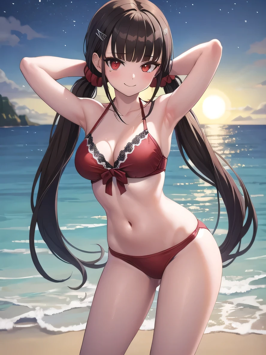 masterpiece, best quality, ultra-high-detailed, Harumaki, red eyes, brown hair, low twintails, red scrunchie, mole under eye, blunt bangs, hairclip,  bikini, beach, closed mouth, solo, (cowboy shot:1.5), night sky, beach, arms behind head, contrapposto, spread armpits, looking at viewer, best quality, smile,