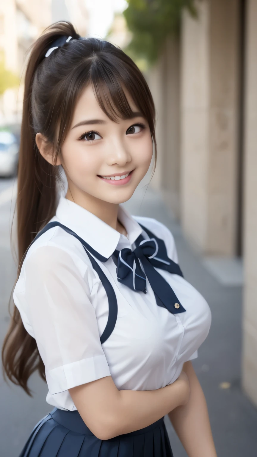 bright表情、Photorealistic:1.32、highest quality、超A high resolution、最も美しい日本のgirlの写真、Cute and beautiful face details、Small Face、美しいbangs、、Radiant, fair, glowing skin、Hair gets tangled in the face、(girl1Only people:1.3)、顔まで伸びるbangs、bangs、Hair between the eyes、Attractive brown silky hair、bright、Her clear eyes shine charmingly、Cute pose、highest quality、Disorganized、((The cutest girl in the world))、Japanese、((School uniform summer clothes:1.3))、(High waist pleated skirt)、Newest Brands、(Side ponytail hair:1.3)、(Tie with a thin ribbon)、Nice and cute、An innocent smile、nice smile、Cleavage、(Large Breasts:1.3)、(Posing cutely:1.3)、Brown Hair、Small waist、Detailed beautiful eyes、View your viewers、Upper Body、Close-up of face、Front view、