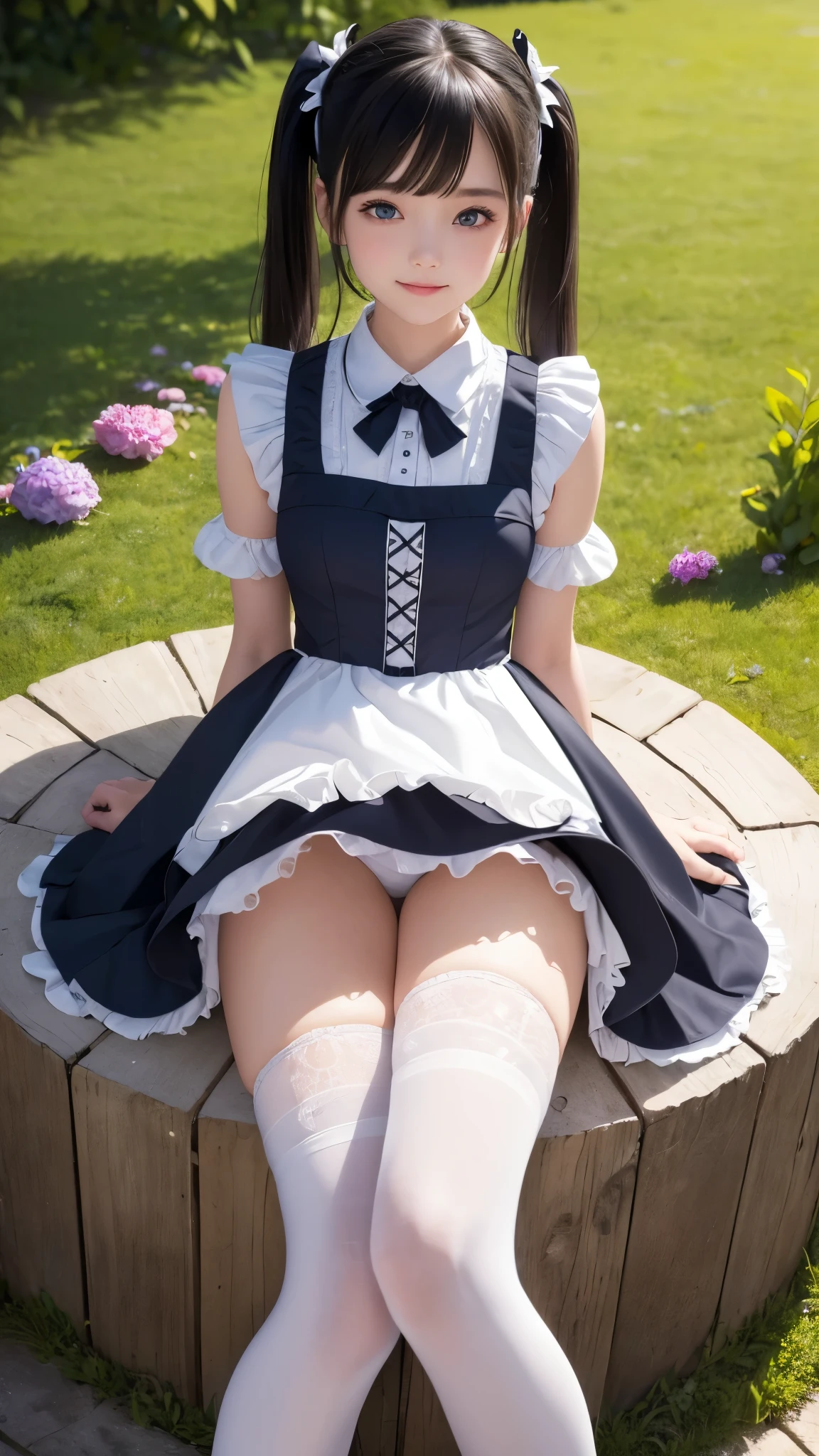 ((masterpiece)), ((highest quality、Ultra high definition)), (Very detailed),8K、Photo quality、((Amazingly cute girl)), , Two people, , (Beautiful emerald blue eyes), ((smile)),In the open-air bath overlooking the sea, Beautifully arranged black hair in twin tails、whole body、(Super high-end white see-through summer gothic lolita maid costA super mini skirt with lots of frills)、Professional Lighting、(White lace knee-highs)、(More detailed and beautiful)、(More details and cutenesore realistic)、