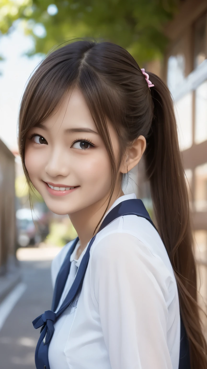 bright表情、Photorealistic:1.32、highest quality、超A high resolution、最も美しい日本のgirlの写真、Cute and beautiful face details、Small Face、美しいbangs、、Radiant, fair, glowing skin、Hair gets tangled in the face、(girl１Only people:1.3)、顔まで伸びるbangs、bangs、Hair between the eyes、Attractive brown silky hair、bright、Her clear eyes shine charmingly、Cute pose、highest quality、Disorganized、((The cutest girl in the world))、Japanese、((School uniform summer clothes:1.3))、(High waist pleated skirt)、Newest Brands、(Side ponytail hair:1.3)、(Tie with a thin ribbon)、Nice and cute、An innocent smile、nice smile、Cleavage、(Large Breasts:1.3)、(Posing cutely:1.3)、Brown Hair、Small waist、Detailed beautiful eyes、View your viewers、Upper Body、Close-up of face、Front view、
