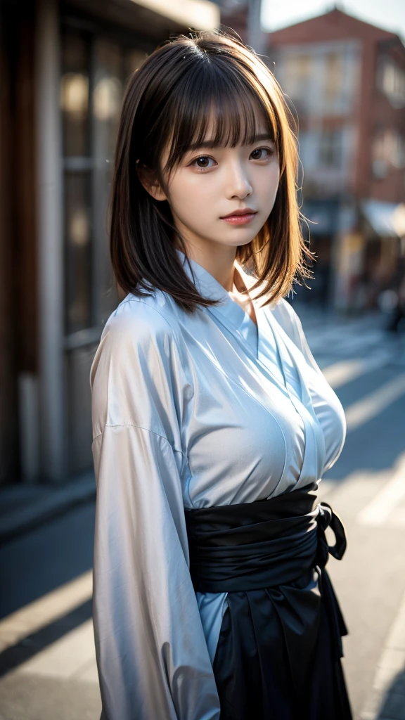 masterpiece, Best Quality, 8K, 20 yo, huge breasts, cuddly, Solo, sad, Cute, Girly, Delicate girl, Neat and clean beauty,  Raw photo, Professional Photography, Portrait, Soft light, Professional Lighting, Back lighting, Upper body, front view, Sophisticated, Film grain, (Eyes and faces with detailed:1.0), short length floating hair, beautiful flowing hair, bangs, Kimono Wrap Shirt