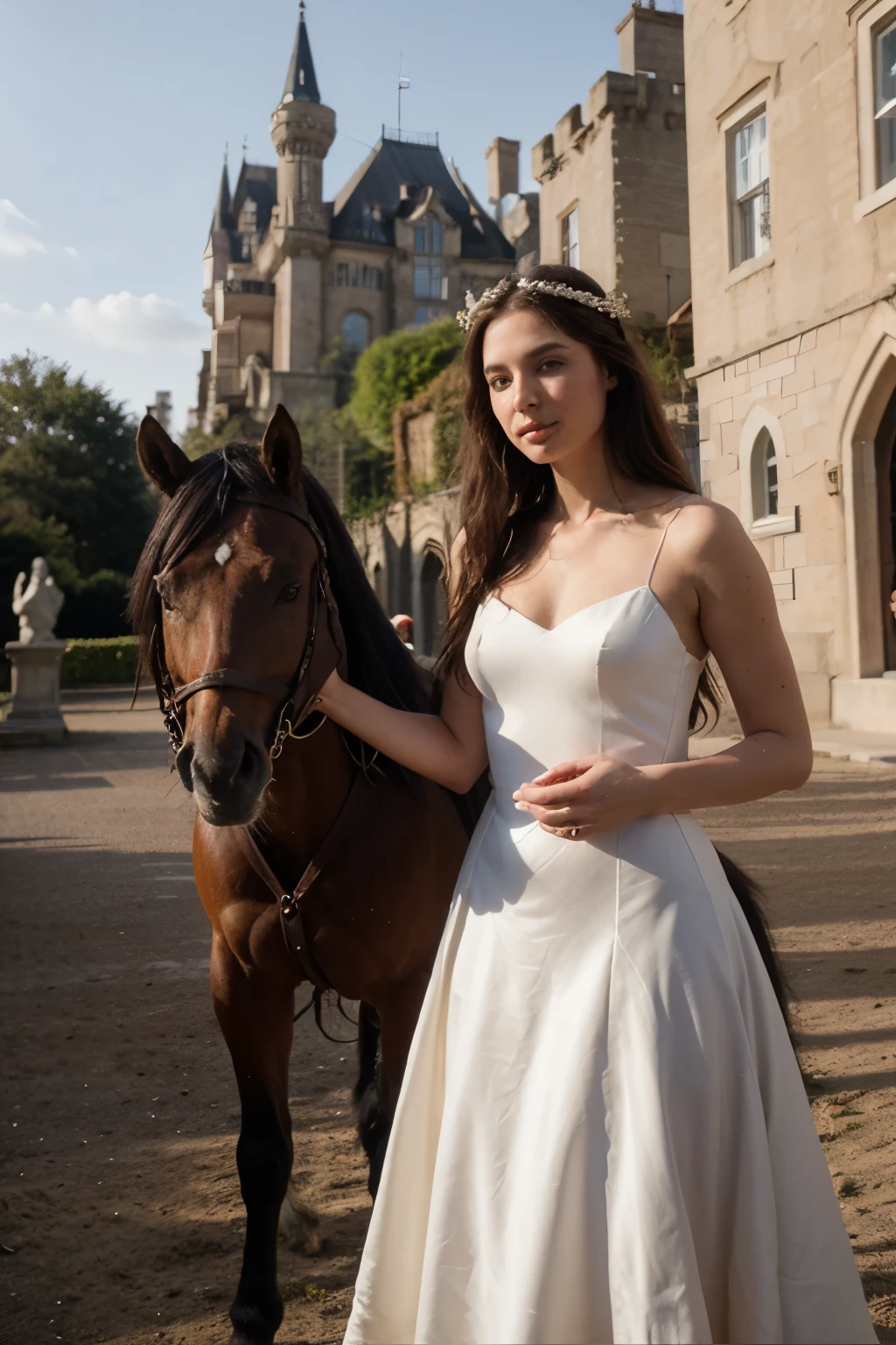 obra de arte, alta qualidade, 1 garota, cabelo branco, rabo de cavalo, red gothic dress, fundo de cor dourada simples, Olhar de morte, Fundo do eclipse