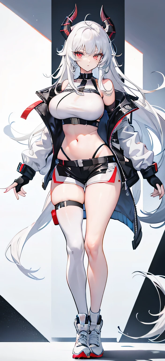 a character, tall slim sexy woman, bandages, shorts, white hair, tail, bandaged leg, black shorts, virtual youtuber, coiled horns, navel, gloves, long hair, white jacket, fingerless gloves, jacket, thighs, black gloves, full body, big breasts, bangs, looking at viewer