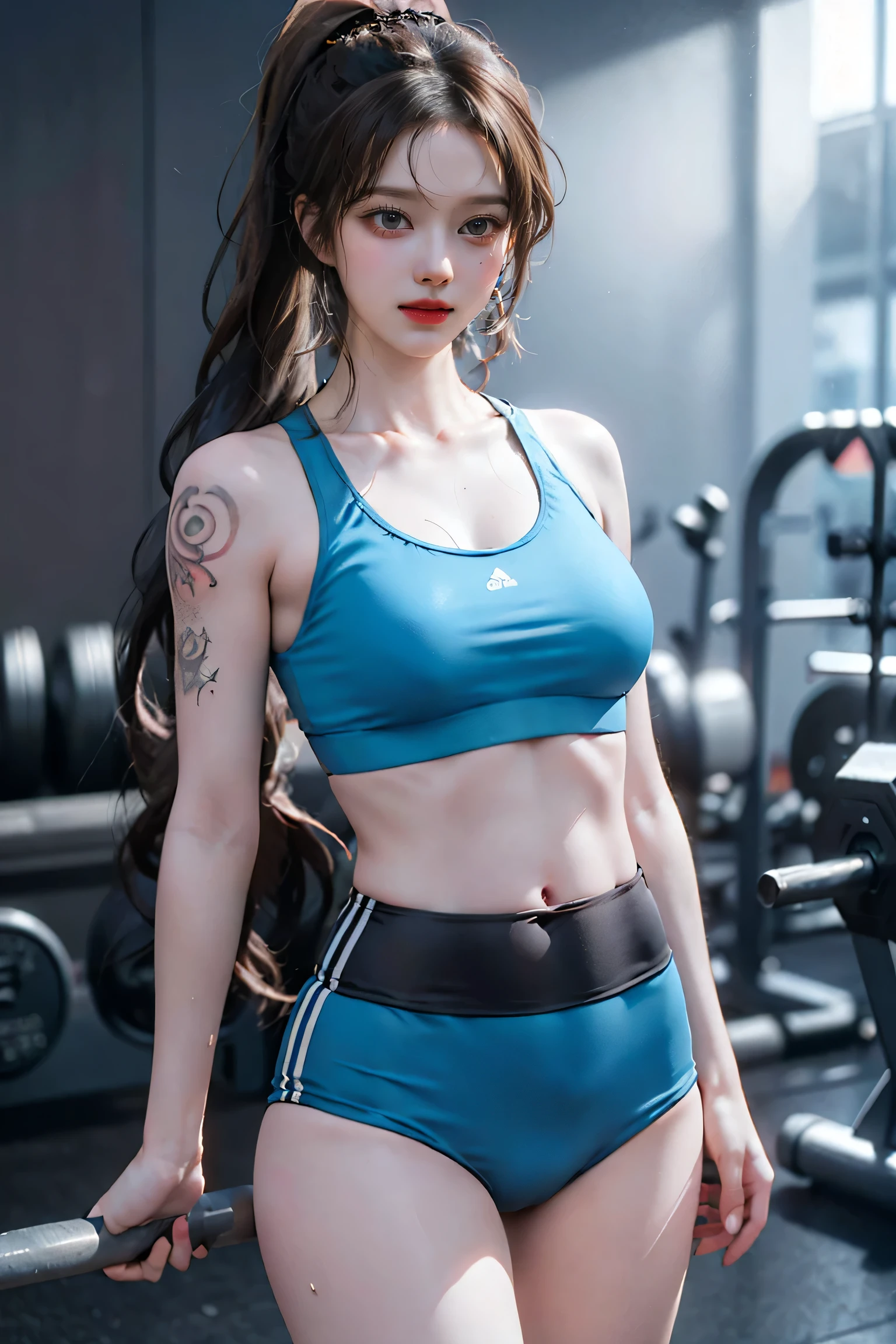 ((Big Breasts)), ((20-year-old,)), ((very small head)), Dawn, sunlight, Bright light, (Perfect body : 1.1), (whole body), (Short Wavy Hair:1.2, Dark brown hair, Pink and blue mesh hair, Thin mesh), whole bodyショット, ((Tight workout clothes), (Sweat), (Very detailed CG 8k wallpaper), (Very delicate and beautiful), (Tabletop), (highest quality:1.0), (超A high resolution:1.0), (Realistic), Beautiful lightning ,Perfect Lightning, Realistic Shadows, [High resolution], Detailed skin, Very detailed, The body is slim), (Beautiful Hair, Wavy Hair, Real Hair, Fine hair, High Ponytail), Thin clavicle, Beautiful breasts, blush, Realistic, Realistic Face, Beautiful Face, Cute face, Realistic eyes, Small eyes, Cute Smile, (((colorful))), (eyeliner), (mascara), (eye shadow), (At the gym), Recall, Big Hips, (((He has many tattoos all over his body)), (((Tight waist))), ((Big Breasts)),(See-through)，panties