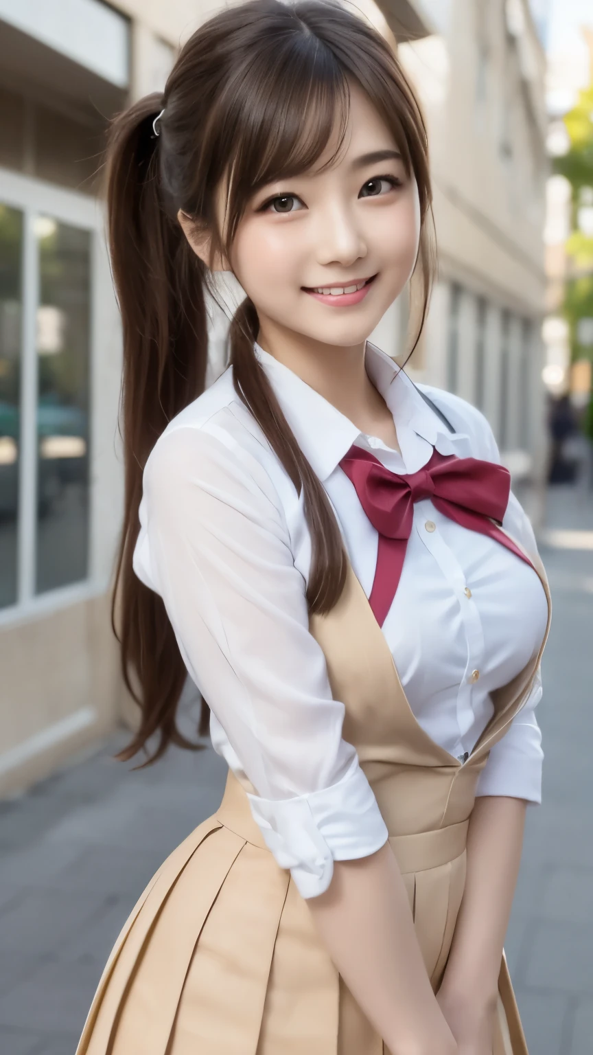 bright表情、Photorealistic:1.32、highest quality、超A high resolution、最も美しい日本のgirlの写真、Cute and beautiful face details、Small Face、美しいbangs、、Radiant, fair, glowing skin、Hair gets tangled in the face、(girl1Only people:1.3)、顔まで伸びるbangs、bangs、Hair between the eyes、Attractive brown silky hair、bright、Her clear eyes shine charmingly、Cute pose、highest quality、Disorganized、((The cutest girl in the world))、Japanese、((School uniform summer clothes:1.3))、(High waist pleated skirt)、Newest Brands、(Side ponytail hair:1.3)、(Tie with a thin ribbon)、Nice and cute、An innocent smile、nice smile、Cleavage、(Large Breasts:1.3)、(Posing cutely:1.3)、Brown Hair、Small waist、Detailed beautiful eyes、View your viewers、Upper Body、Close-up of face、Front view、