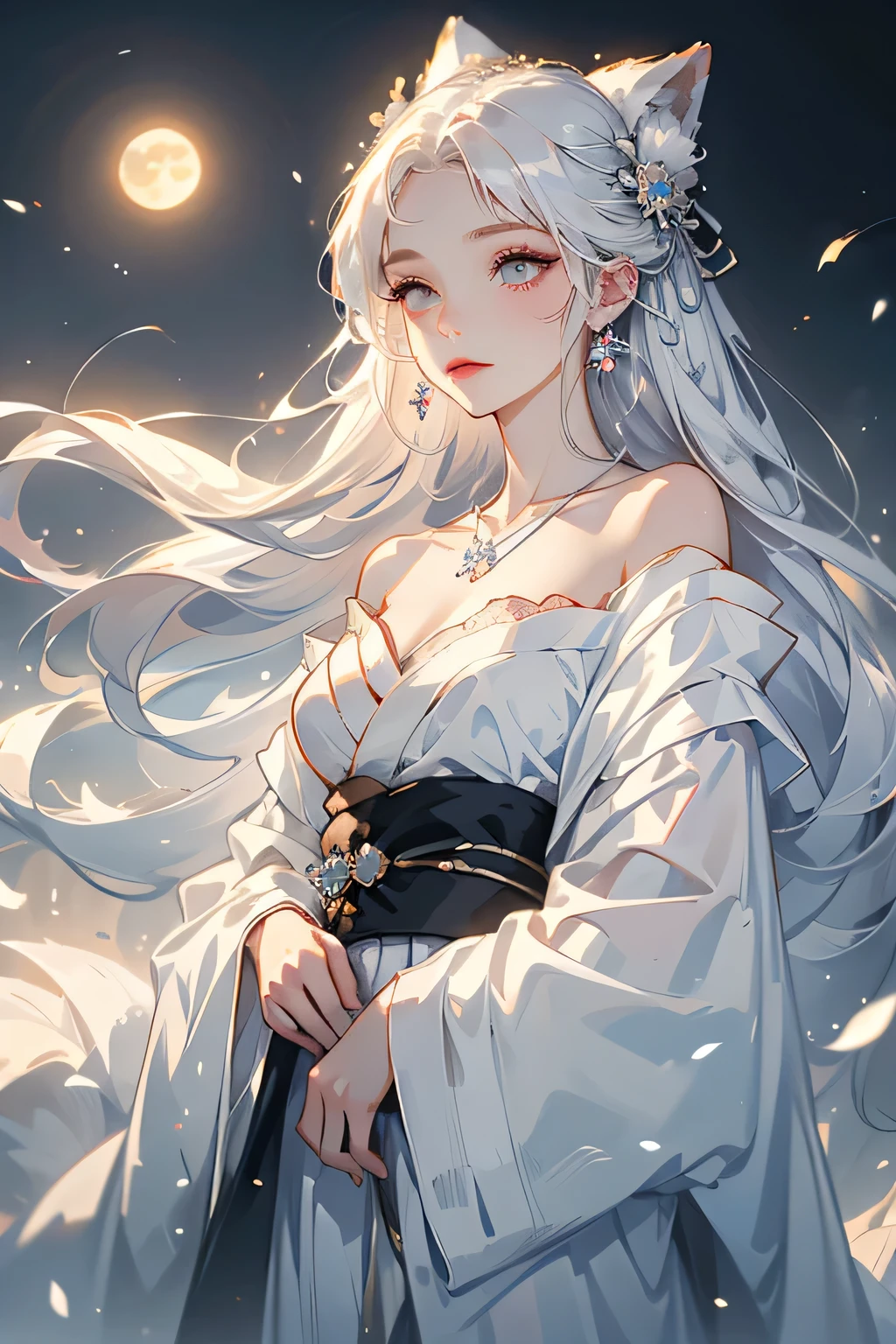 (masterpiece, highest quality:1.2), 1 girl, alone, ((Off-the-shoulder kimono、necklace)), ((morning)), ((White Hair))lanthanum, Deep in Wonderland,The moonlight pours down like water,fog,The heroine's figure is vaguely visible,Big Breasts,Cute face,Slightly upturned corners of the mouth,Like a fairy,Clothes Fluttering,Her hair is casually tied back,A few strands of hair are swaying gently in the wind、Beautiful cleavage、(Fox Ears,Fox's Tail、Fox)(huli,Fox ear):1.5、Underwear shoulder straps