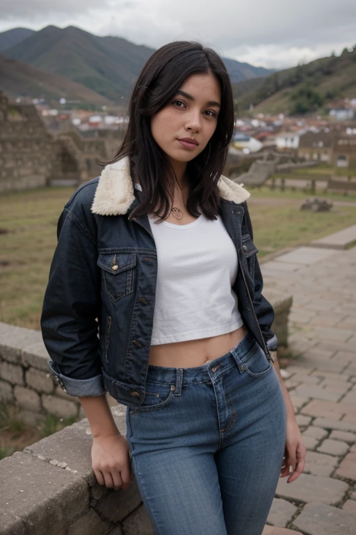 Girl with black hair emo pretty and real looking with jeans and jacket in landscapes of Cusco - Peru