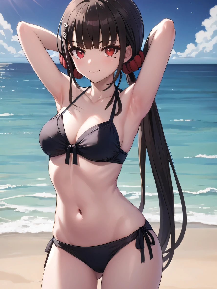 masterpiece, best quality, ultra-high-detailed, Harumaki, red eyes, brown hair, low twintails, red scrunchie, mole under eye, blunt bangs, hairclip, bikini, beach, closed mouth, solo, (cowboy shot:1.5), night sky, beach, arms behind head, contrapposto, spread armpits, looking at viewer, best quality, smile,