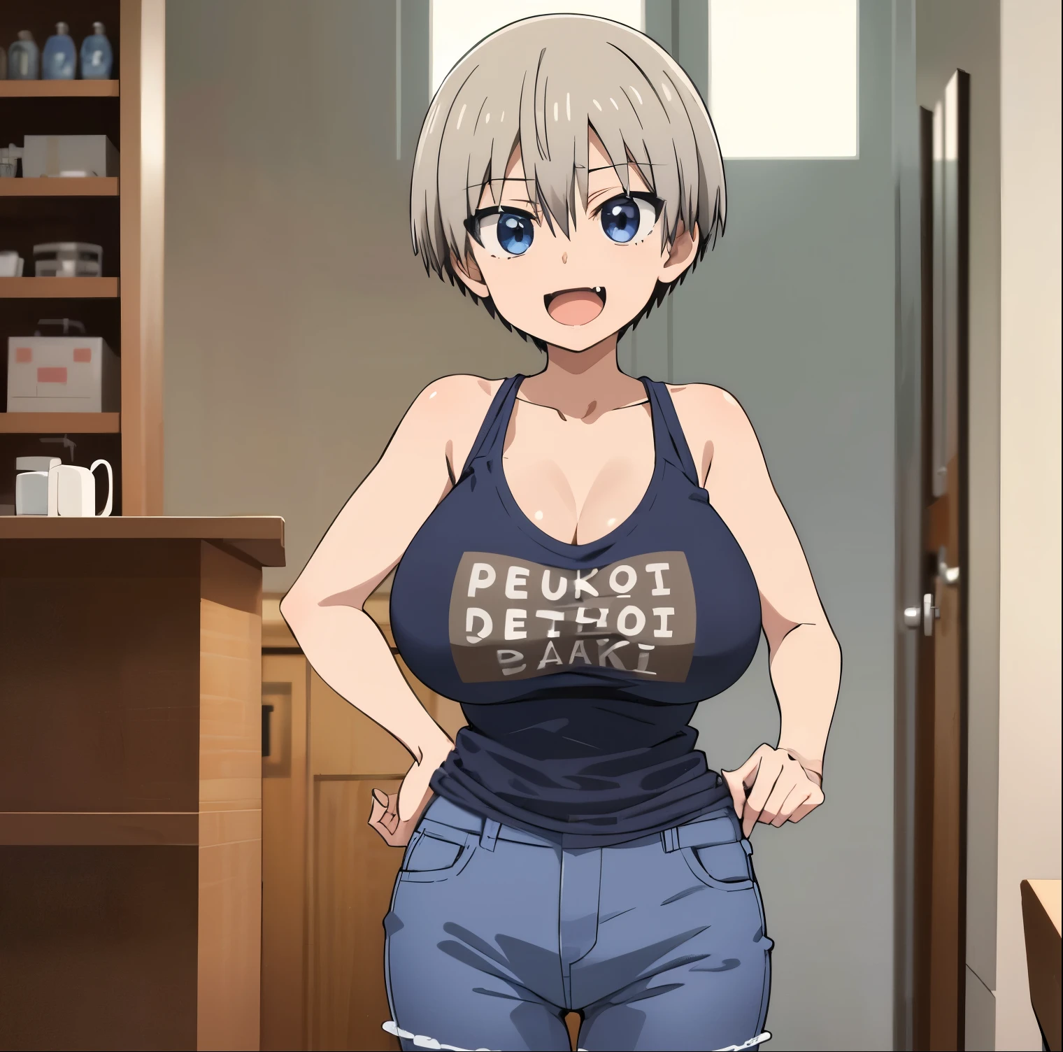 1 girl, alone, uzaki hana, (masterpiece), (best quality), (pixiv), bangs, blue eyes, short hair, gray hair, fangs, tank top, black shirt, cleavage, blue jeans, skinny jeans, huge breasts, jean shorts, pantyhose, fangs, large breasts, slim waist, wide hips, medium thighs, round butt, smile, standing (extremely detailed CG unity 8k wallpaper), facing viewer straight on, point of view view (from below), intricate cowboy photo, (detailed face, detailed eyes: 1.2), best lighting, bakery, window, perfect hands, perfect anatomy