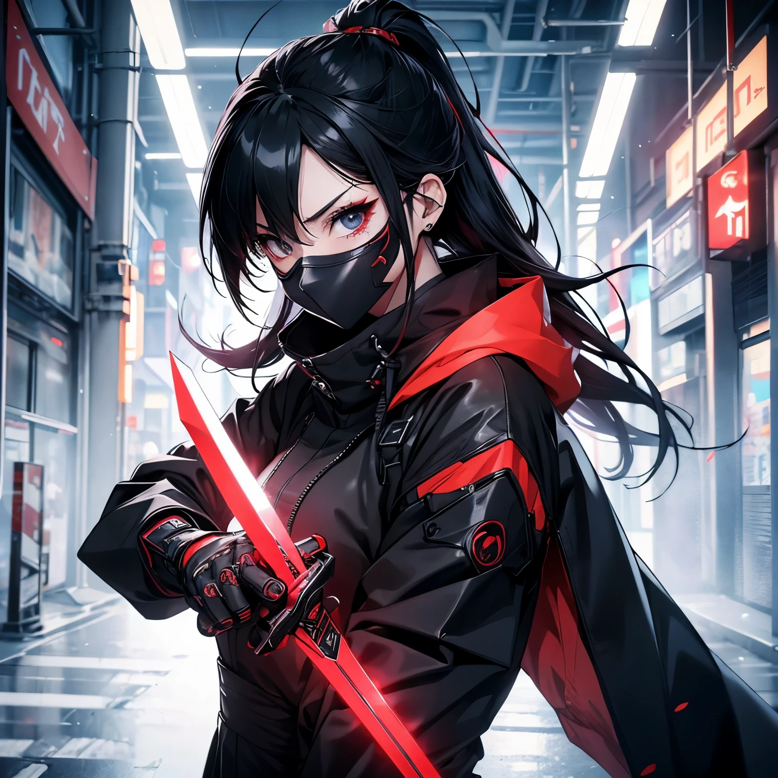 Female ninja、 cyber punk、A long black coat from neck to foot、Red spotted clothing,Sharp and large eyes、 口はcyber punkマスクで隠れている、Holding a long thin sword