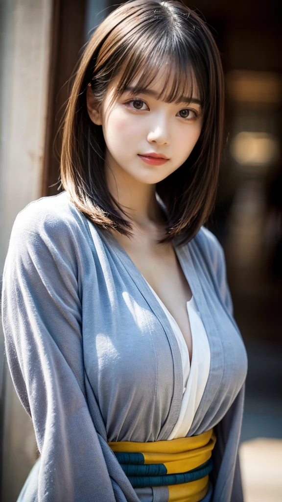 masterpiece, Best Quality, 8K, 20 yo, huge breasts, cuddly, Solo, sad, Cute, Girly, Delicate girl, Neat and clean beauty, Raw photo, Professional Photography, Portrait, Soft light, Professional Lighting, Back lighting, Upper body, front view, Sophisticated, Film grain, (Eyes and faces with detailed:1.0), short length floating hair, beautiful flowing hair, bangs, Kimono Wrap Shirt
