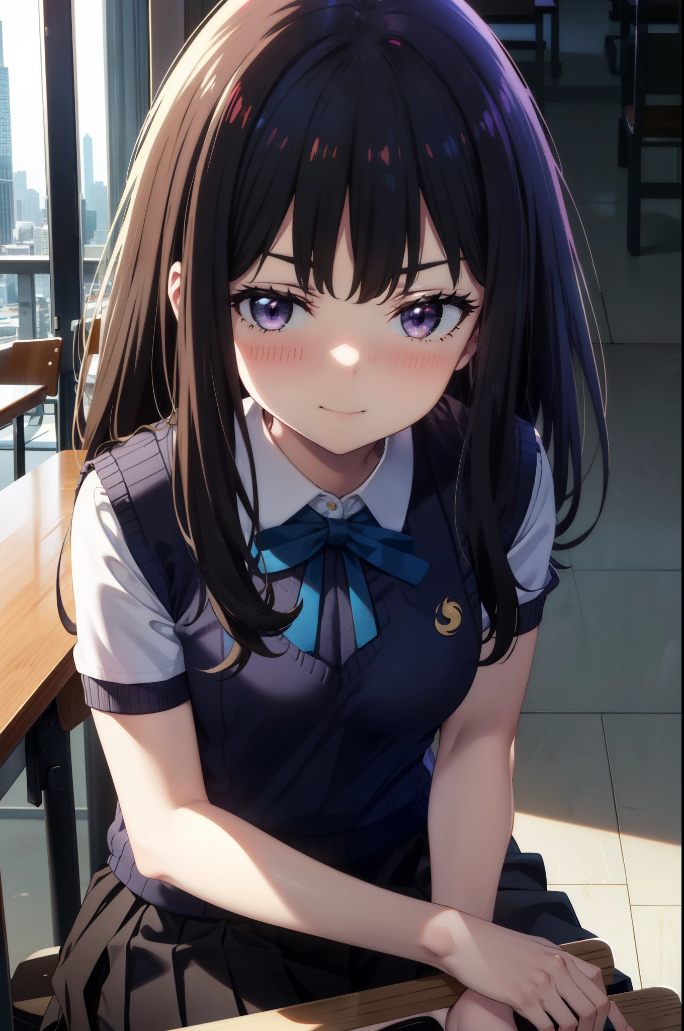 Takiuchi, Inoue Check, Long Hair, bangs, Black Hair, (Purple eyes:1.2),smile,blush,full body，
white yシャツ, Short sleeve, Pleated skirt,  Collared shirt, mini skirt, Black pantyhose, (Black Skirt:1.5), Sweater vest, (blue Sweater vest:1.5),Brown Loafers,Daytime,sunny,sitting cross-legged on a chair，whole bodyがイラストに入るように,　　　　　　　break looking at viewer　whole body, 
break indoors, School　classroom,
break (masterpiece:1.2), highest quality, High resolution, unity 8k wallpaper, (shape:0.8), (Beautiful details:1.6), Highly detailed face, Perfect lighting, Extremely detailed CG, (Perfect hands, Perfect Anatomy),