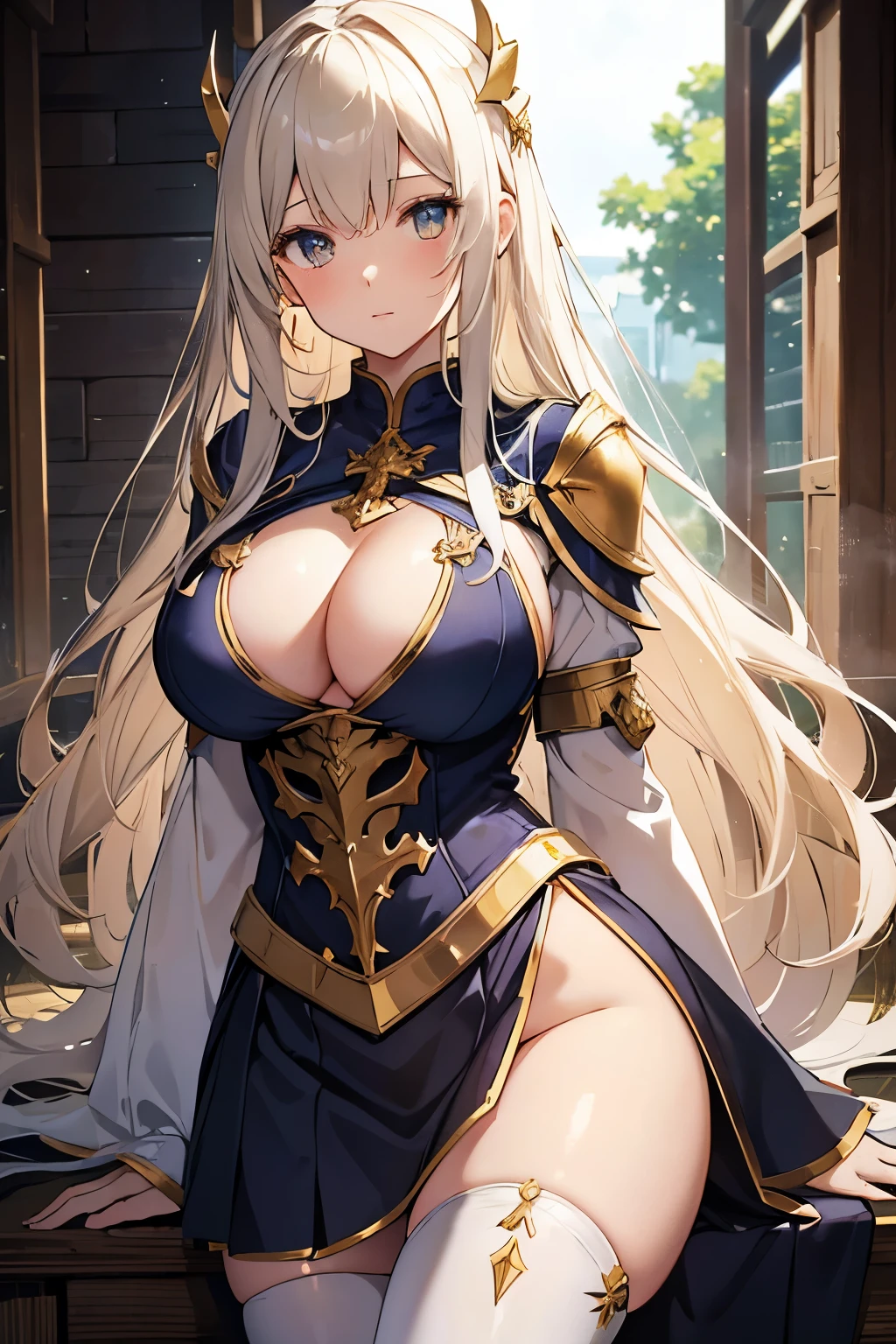 Medieval Knight。crusader。An illustration。girl。gold。Big Breasts。Fantasy。Exposed。White skin。mini skirt。Big Breasts。Showing her panties。With legs apart。With legs apart。Fresnel。The hair is transparent with light。Thick thighs。She's flipping up her skirt herself。Hands outstretched and held out。