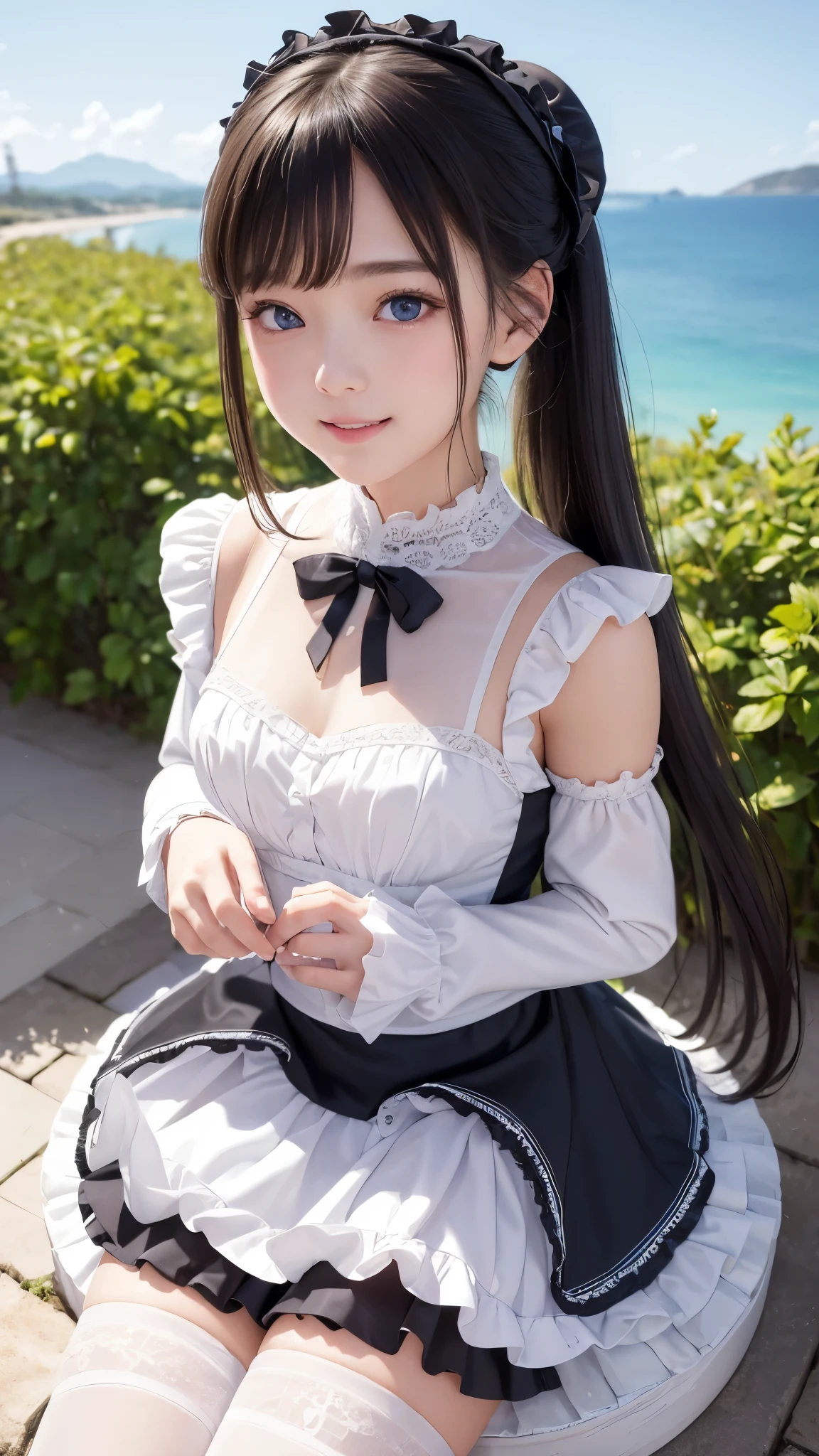 ((masterpiece)), ((highest quality、Ultra high definition)), (Very detailed),8K、Photo quality、((Amazingly cute girl)), -yeld gi Two people, , (Beautiful emerald blue eyes), ((smile)),In the open-air bath overlooking the sea, Beautifully arranged black hair in twin tails、whole body、(Super high-end white see-through summer gothic lolita maid costume、A super mini skirt with lots of frills)、Professional Lighting、(White lace knee-highs)、(More detailed and beautiful)、(More details and cutenesore realistic)、