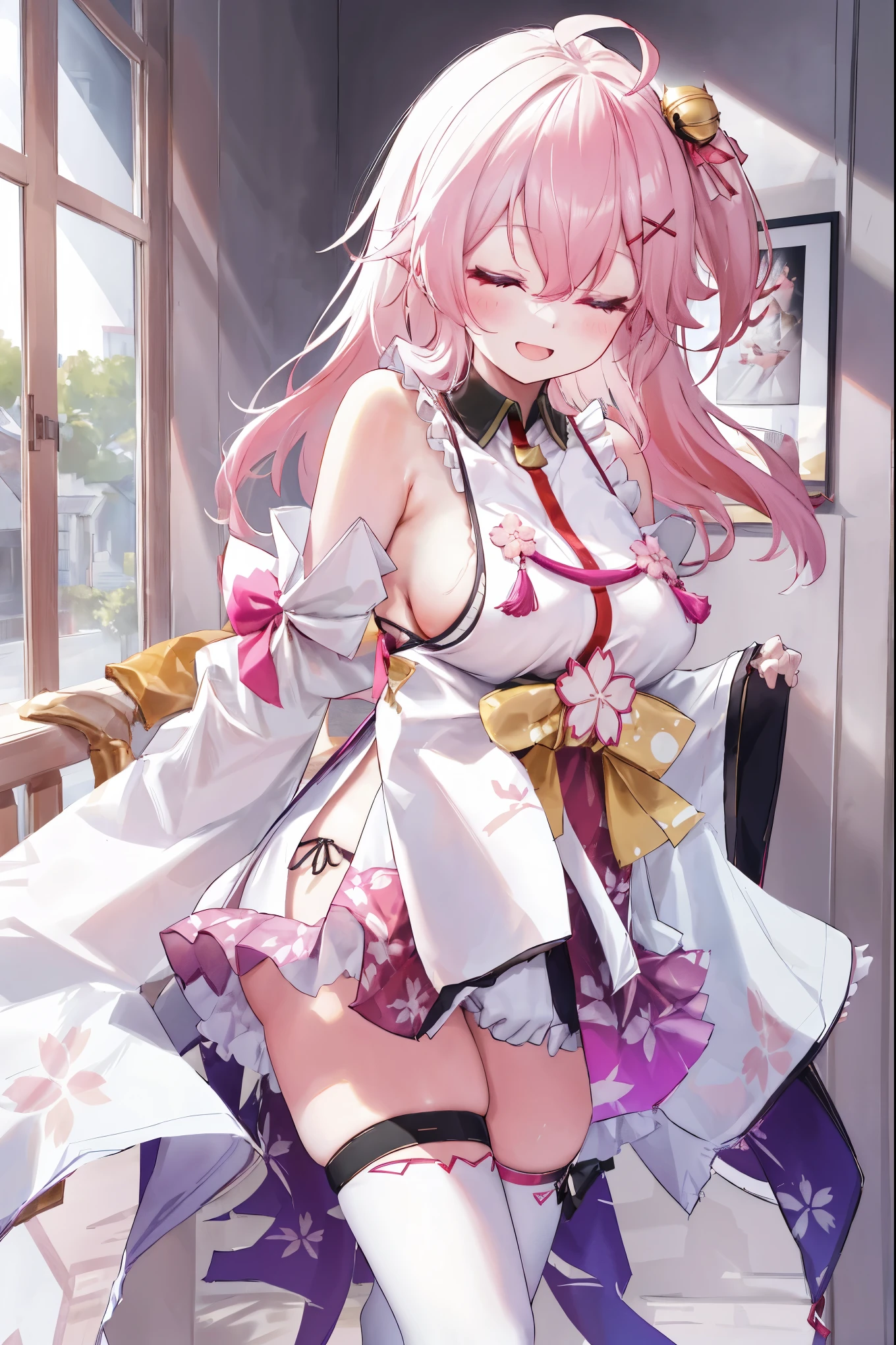 masterpiece, best quality, highres, miko1, sakura_miko, 1girl, big_boobs, solo, ahoge, x_hair_ornament, pink_hair, floral print, hairclip,(side_less_clothes:1.5), (side_boobs:1.5), hair_bell, floral print, long_hair, hair between eyes, one side up, white thighhighs, asymmetrical legwear, wide sleeves, open_mouth,(happy:1.3),close_eyes,big_smile,plump,apart_legs,(overly_long_sleeves:1.3),sleeves_past_wrists,hands_hidden_sleeves,sidelock_clothes,solo,hidden_wrists,(XD:1.5),covered_nipples,sunlight,(bare_flank:1.3)