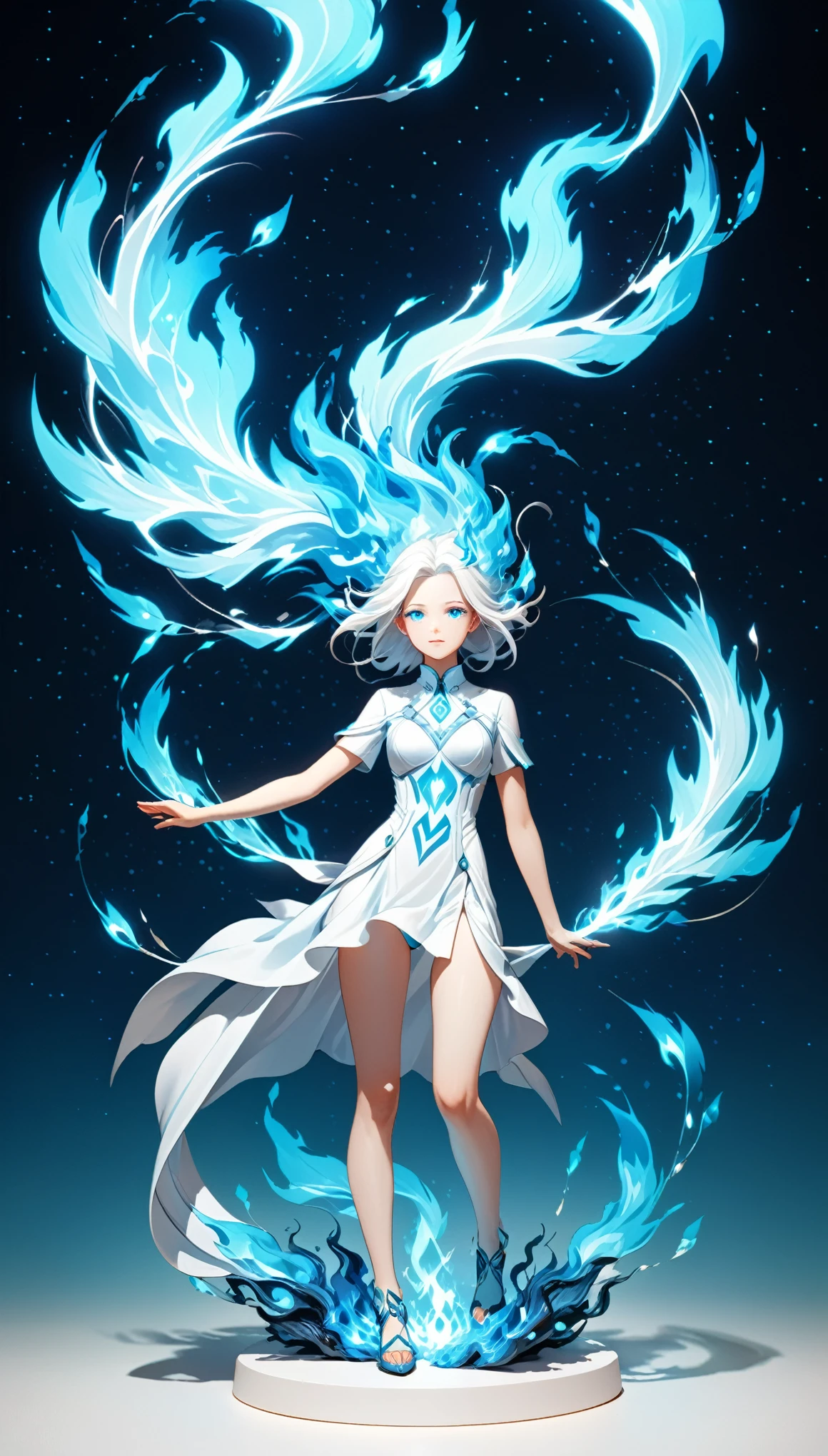 Starry sky background, Floral decorative background, metallic feel, Block architecture diagram, drop shadow, anaglyph, stereogram, tachi-e, pov, atmospheric perspective, 8k, super detail, ccurate, best quality，surrealist style,(depicting (((blue fire))) Elemental  figurine designed:1.2),character design by Liu Ye,Edwin Austin Abbey,
BREAK
long white hair,white eyes,white clothes,
BREAK
(pose:1.4),(the lines of movement of the wind:1.4),simple background,(elementalized body:1.1),ring lightning,