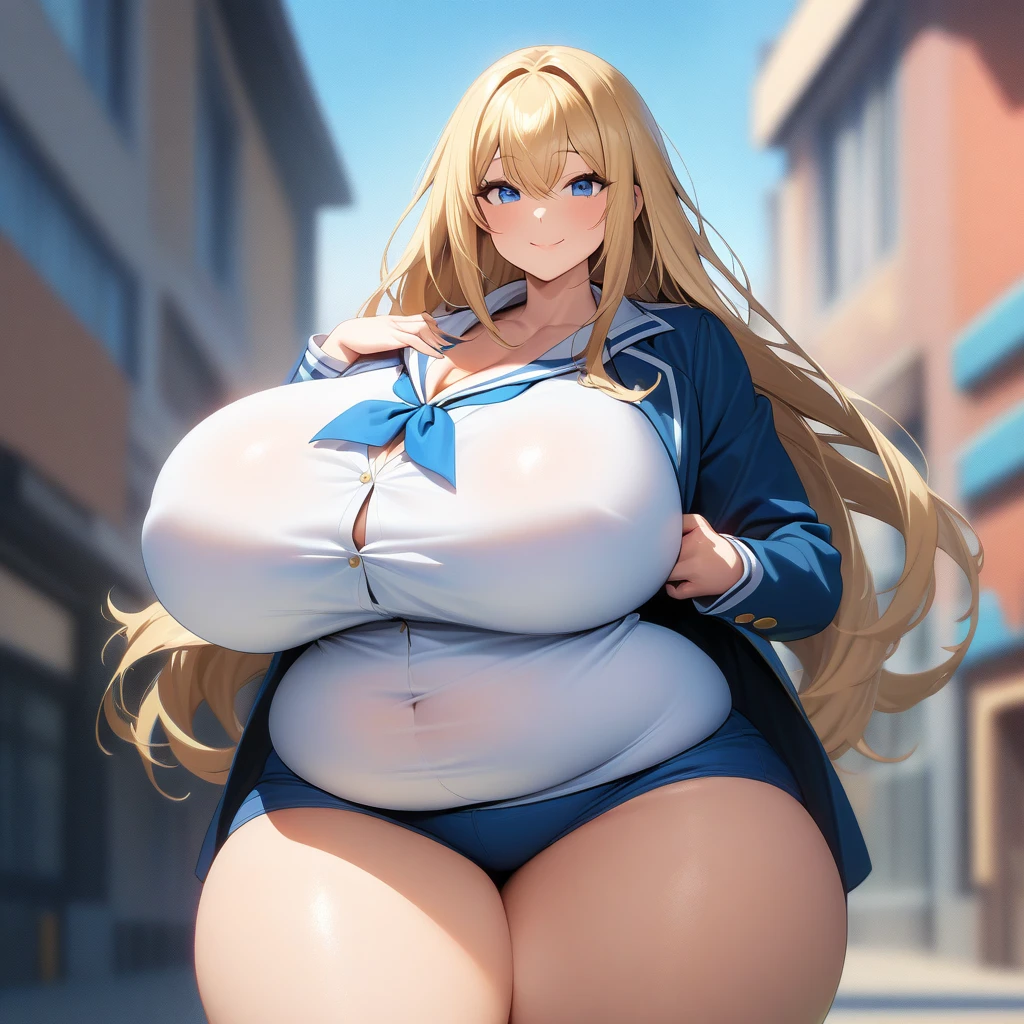 (masterpiece quality, high resolution, detailed background:1.25), (solo, 1  very curvy highschool girl:1.5), bikini, (cool, boyish:1.25), (large heavy fat jiggly bouncy wobbly motherly breasts:1.35), looking at viewer, smile, long blonde hair, beautiful blue eyes, big chubby belly, very wide fat hips, deep navel,