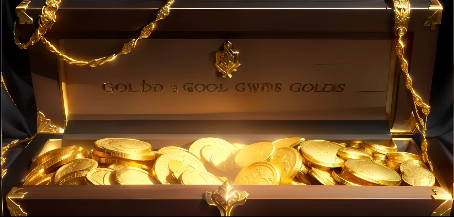 There is a chest full of gold coins and jewels, Loot Boxes, Treasure，There are many gold coins,Golden necklace，Metallic luster ，Sword，Gorgeous chests，fine，HD，high quality