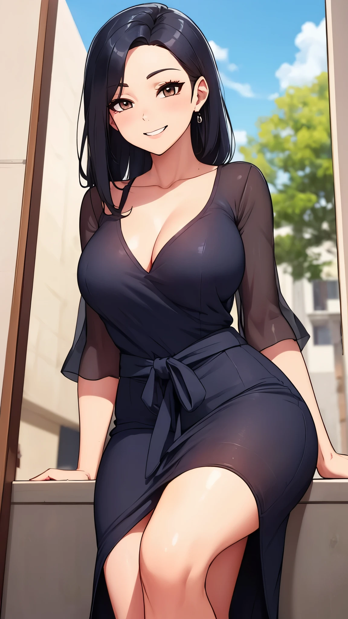8K, high quality, animation, married woman, fair complexion, beautiful, neat, bright, emphasis on eyes, beautiful line drawing. Black hair, white skin, brown eyes, smiling face, blue sky background, black dress, depicted from head to waist,