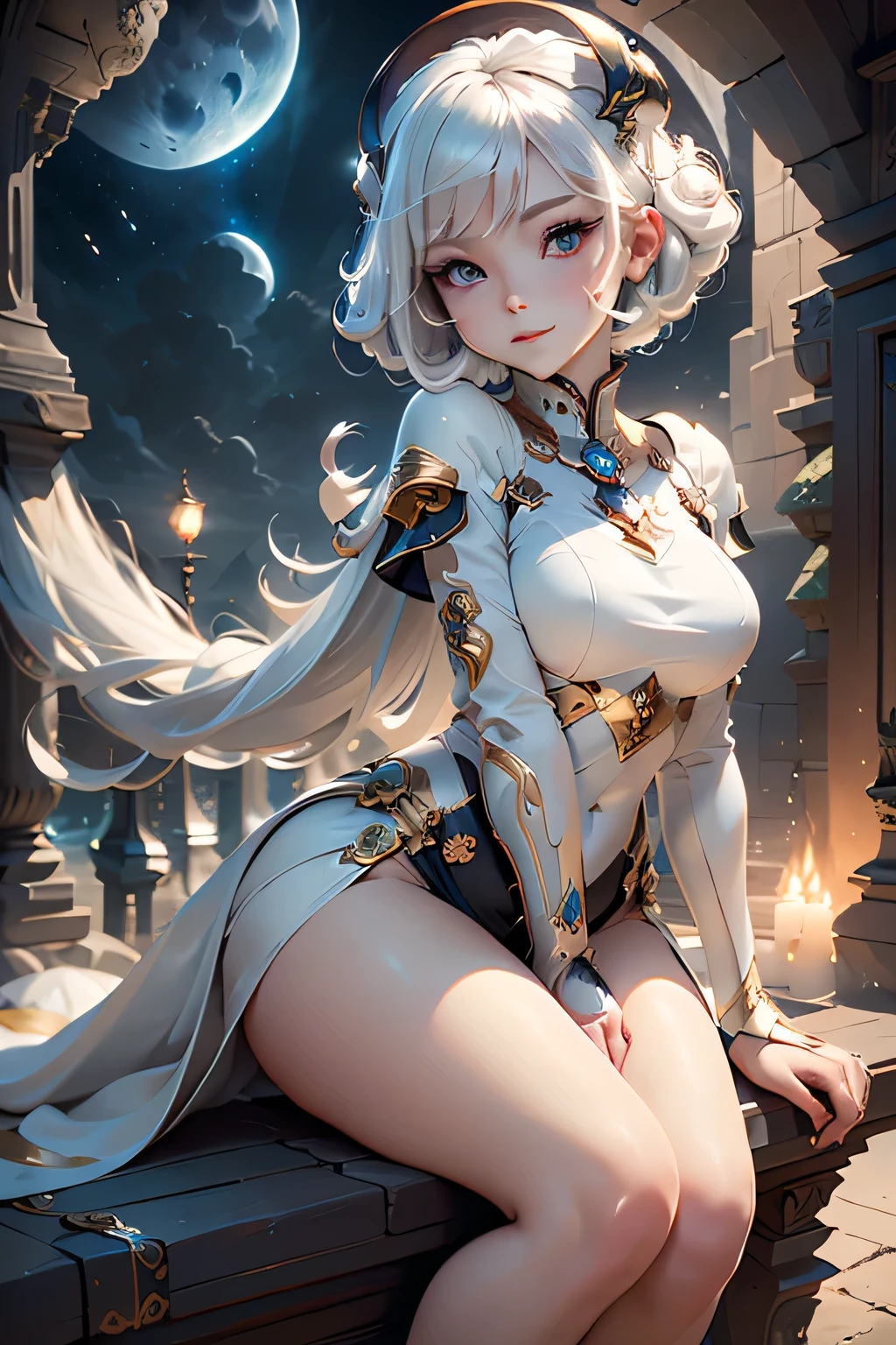 silber hair、hime-cut、Golden Eyes、teens girl、flat chest、Thin pubic hair、Beautiful open legs、military outfits