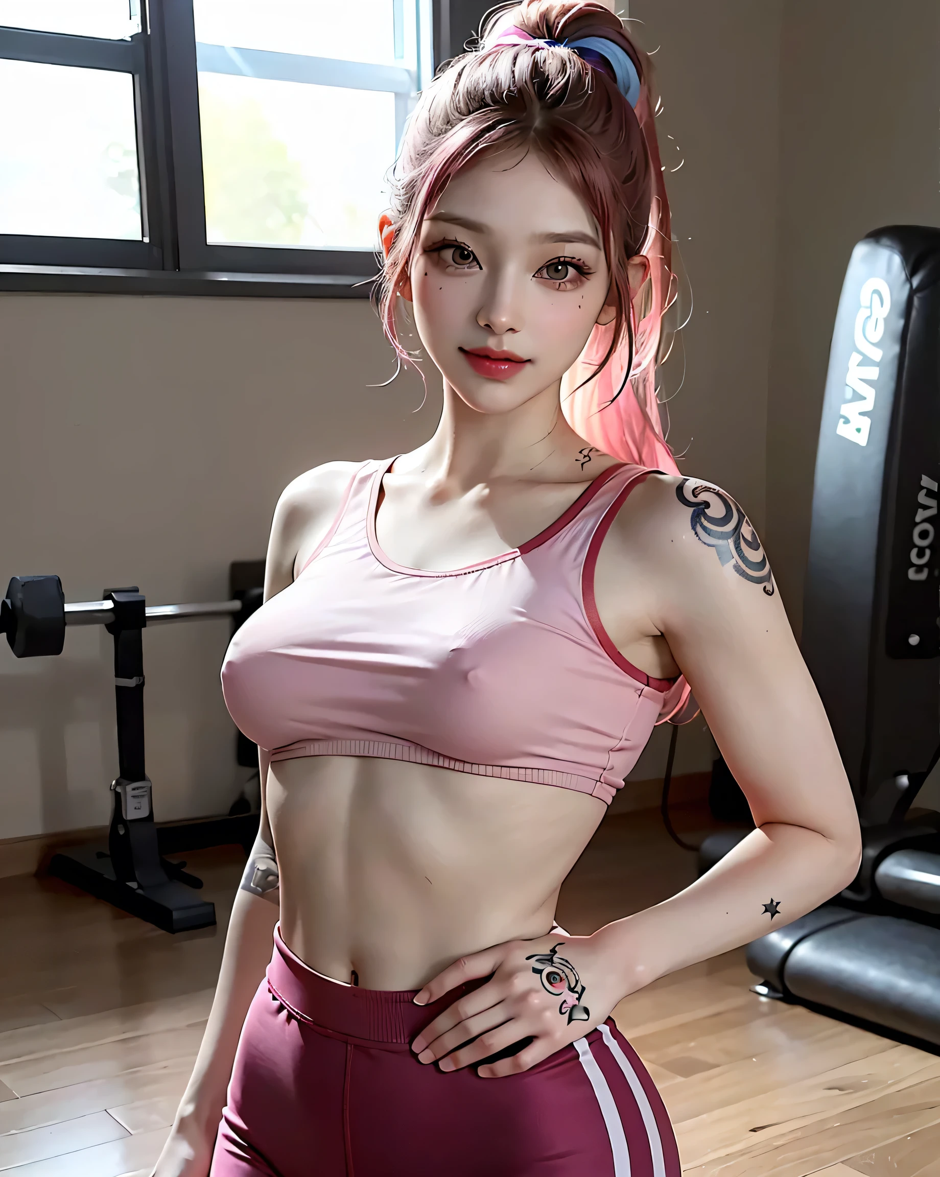 ((Big Breasts)), ((20-year-old,)), ((very small head)), Dawn, sunlight, Bright light, (Perfect body : 1.1), (whole body), (Short Wavy Hair:1.2, Dark pink hair, Good mesh), whole bodyショット, ((Tight workout clothes), (Sweat), (Very detailed CG 8k wallpaper), (Very delicate and beautiful), (Tabletop), (highest quality:1.0), (超A high resolution:1.0), (Realistic), Beautiful lightning ,Perfect Lightning, Realistic Shadows, [High resolution], Detailed skin, Very detailed, The body is slim), (Beautiful Hair, Wavy Hair, Real Hair, Fine hair, High Ponytail), Thin clavicle, Beautiful breasts, blush, Realistic, Realistic Face, Beautiful Face, Cute face, Realistic eyes, Small eyes, Cute Smile, (((colorful))), (eyeliner), (mascara), (eye shadow), (At the gym), Recall, Big Hips, (((He has many tattoos all over his body)), (((Tight waist))), ((Big Breasts)),(See-through)，panties