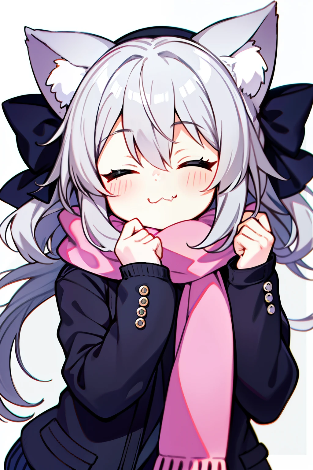 Masterpiece, Excellent, 1girl, gray hair, medium long hair, cat ears, closed eyes, looking at the audience, :3, cute, scarf, jacket, white background, fang, high quality, UHD
