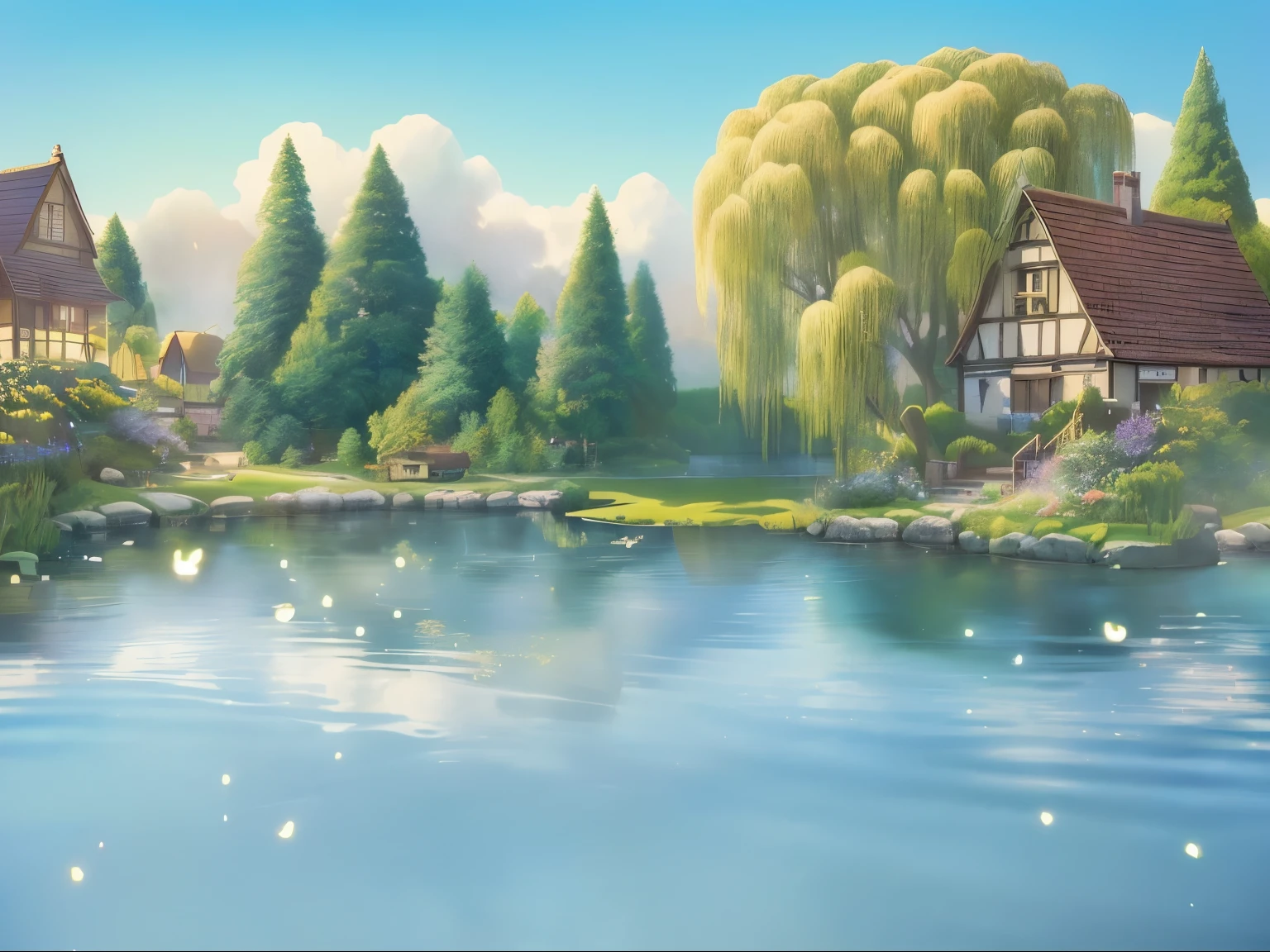 A painting with a small lake、A house and a tree, background technologywork, Fairy tale style background, anime rural scenery, Beautiful fairy tale, Stylized as 3D rendering, background technology, Animation stills, Whimsical fantasy landscape art, Realistic establishing shots, Fantasy painting,Lovely, Detailed scenery —width 672, 3D rendering style, Official illustrations