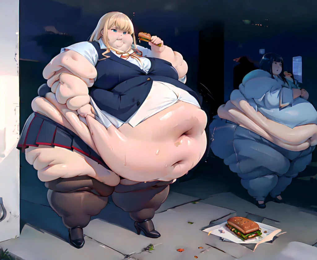 High quality, full body photo of a beautiful sexy secretary wearing extremely short skirt and seamed stockings, ((solo)), adult, high heels, craves sex, sweaty, eating at McDonalds, beautiful face, long wavy blonde hair, stunning blue eyes, massive painfully overstuffed bloated distended bulging heavy obese belly, panties visible under skirt, revealing skirt, shes binge eating, weight gain, very wide fat hips, fat thick thighs, massive wide fat round heart shaped shelf bubble butt, massive fat heavy breasts, very deep cleavage, tight uniform, belly so full it hurts, shes so fat she can barely stand, shes so full she can barely stand, her clothes dont fit shes so extremely fat, shes become a fat food addicted slob, she doesnt care about being fat anymore she just wants to eat more and more food until she cant move, covered in sweat, belly bigger than her body, she’s very heavy massive and obese, fat cheeks, fat face, fat neck, struggling to eat more, struggling to stand, shes rubbing her belly, burping, sagging obese belly, painfully churning gurgling groaning growling belly, she cant fit anymore food inside her belly, shes in a state of blubbery bliss, it hurts so much but if feels so good, visible underwear, splayed legs, its hard for her to move, fat rolls, belly rolls, shes making others obese, shes forcing others to get fatter like her, shes making other women obese, she loves being surrounded by fat women,