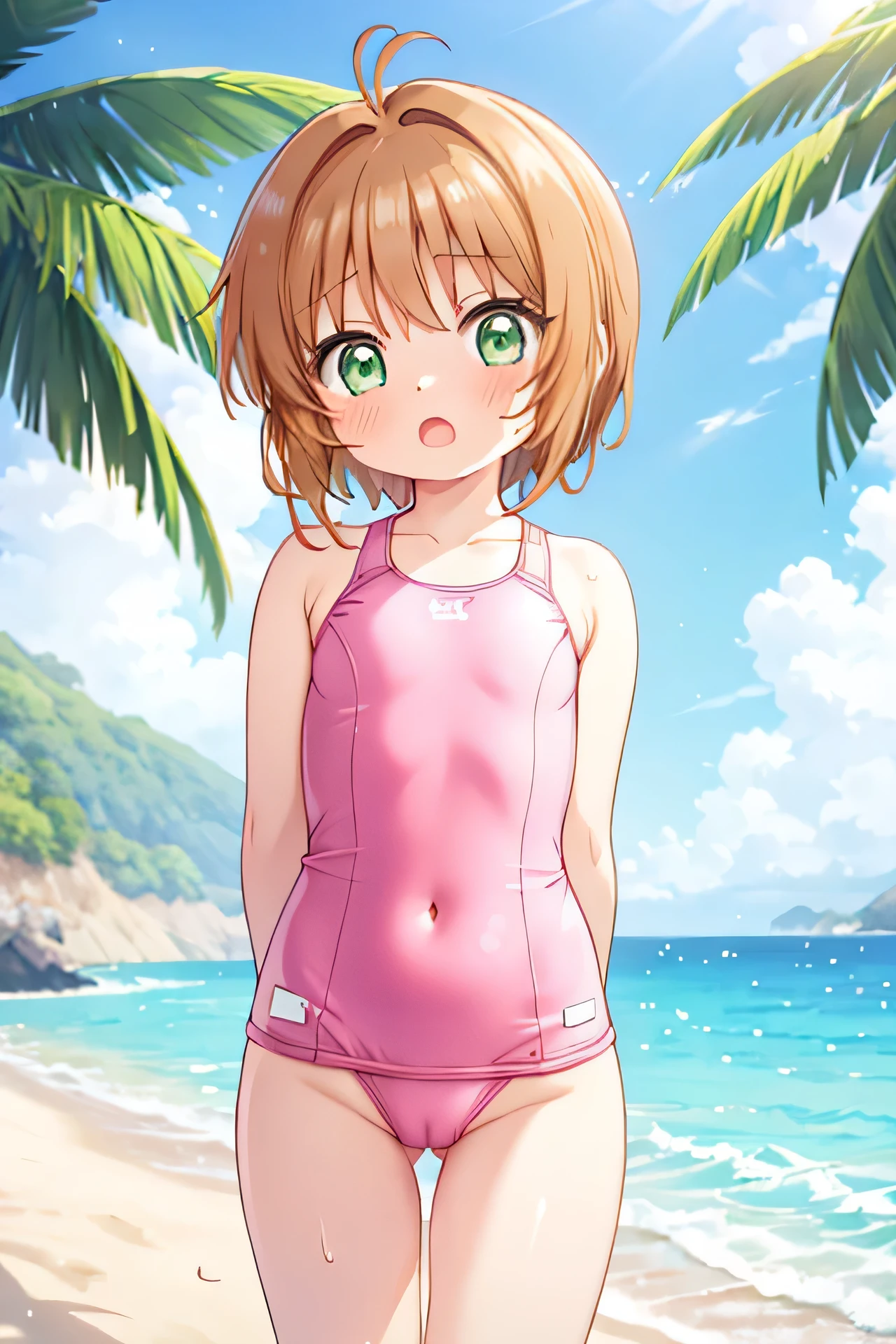 beach,1girl, kinomoto sakura, solo,competition swimsuit,one-piece swimsuit, green eyes, pussy, brown hair, , short hair, navel、flat chest,blush,get wet,antenna hair,pink nipple,open mouth,arms behind back,,looking at viewer,highleg swimsuit