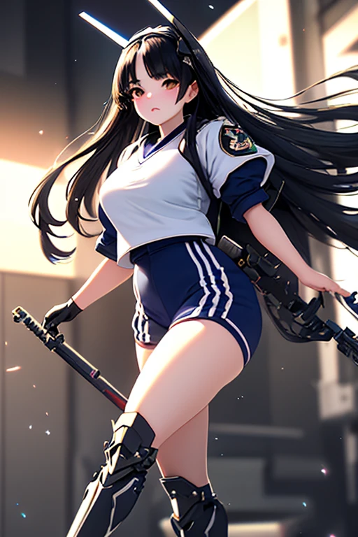 (highest quality)), ((masterpiece)), (Very detailed: 1.3), 3D, {(One Girl)}, (Navy blue bloomers and、Wear a white gym suit with colored hems underneath the armor:1.2), (Black Hair:1.5), Wearing a futuristic Gundam mecha,(Heavy Armor Gundam), With headgear, With V-fin , Armored Shoulders,Armed, Armor at the feet, Short sleeve, Equipped with two huge weapons on its back, Leg-mounted weapon module, Multi-layer texture perfect ratio, Octane Rendering, Duotone Lighting, Low ISO, wide aperture, White balance, Three-part method, Ultra HD 16k, High resolution (High Dynamic Range), Ray Tracing, NVIDIA, Super Resolution, Scattered beneath the surface of the water, PBR Texturing, Post-processing, Anisotropic Filtering, Written boundary depth, Maximum clarity and sharpness, Highly efficient subpixels, Subpixel Convolution, Particles of light, Scattered Light, Tyndall effect, whole body:1.5, Combat pose, cute, (cute:1.2), (Long Hair:1.3),Thick eyebrows, Pale-colored iris, big, Bright black eyes, Long eyelashes, small, Bright colors, Natural lips, (The average face of a Japanese idol), (日本人特有のBaby Face:1.3), (Baby Face), Wide forehead:1.2, Plump Cheeks, small jaw, In the Hangar,View your viewers,Focus on the eyes