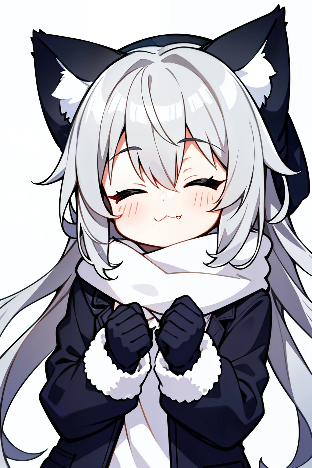 Masterpiece, Excellent, 1girl, gray hair, medium long hair, cat ears, closed eyes, looking at the audience, :3, cute, scarf, jacket, white background, fang, high quality, UHD