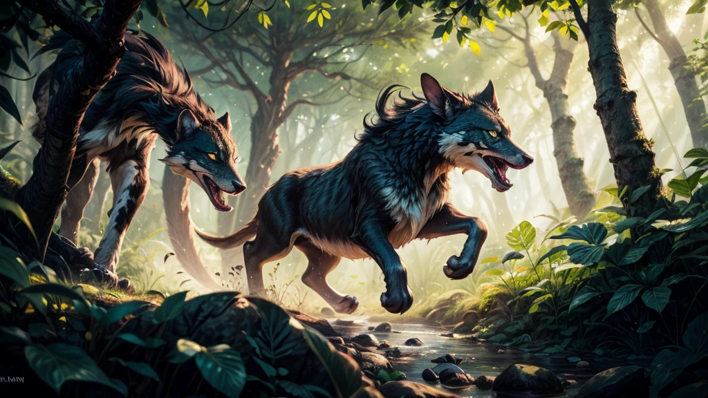 anatomically correct, huge wolf on hyena, wolf, hyena, canine, canine penis, erect, anal penetration, cum, leaking, knot, knotting, balls, doggystyle, anchee, snowskau, pupil of eyes, summer forest, angled side view, fluffy, panting, tongue out