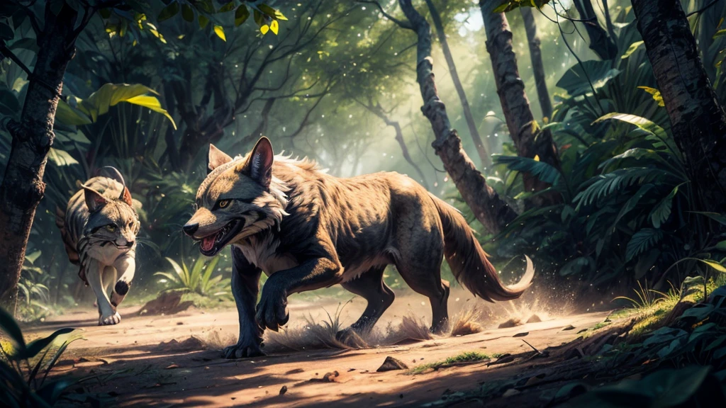 a detailed portrait of animals, capturing the intense competition for prey, using oil painting techniques, in the style of wildlife photography, with vibrant colors and crisp details. The animals are depicted in their natural habitats, showcasing their raw power and agility. The lighting is dramatic, with a spotlight illuminating the main subjects, creating a captivating sense of depth. The image quality is of the highest standard, with ultra-fine details that showcase the textures of the animals' fur or feathers. The composition emphasizes the dynamic movement of the animals, with one predator pursuing its prey, both displaying intense focus and determination. The scene is set in a lush and richly textured environment, with dense foliage and an atmospheric background that adds to the overall sense of realism. The colors are vivid and saturated, with a warm color temperature that enhances the feeling of being immersed in the natural world.