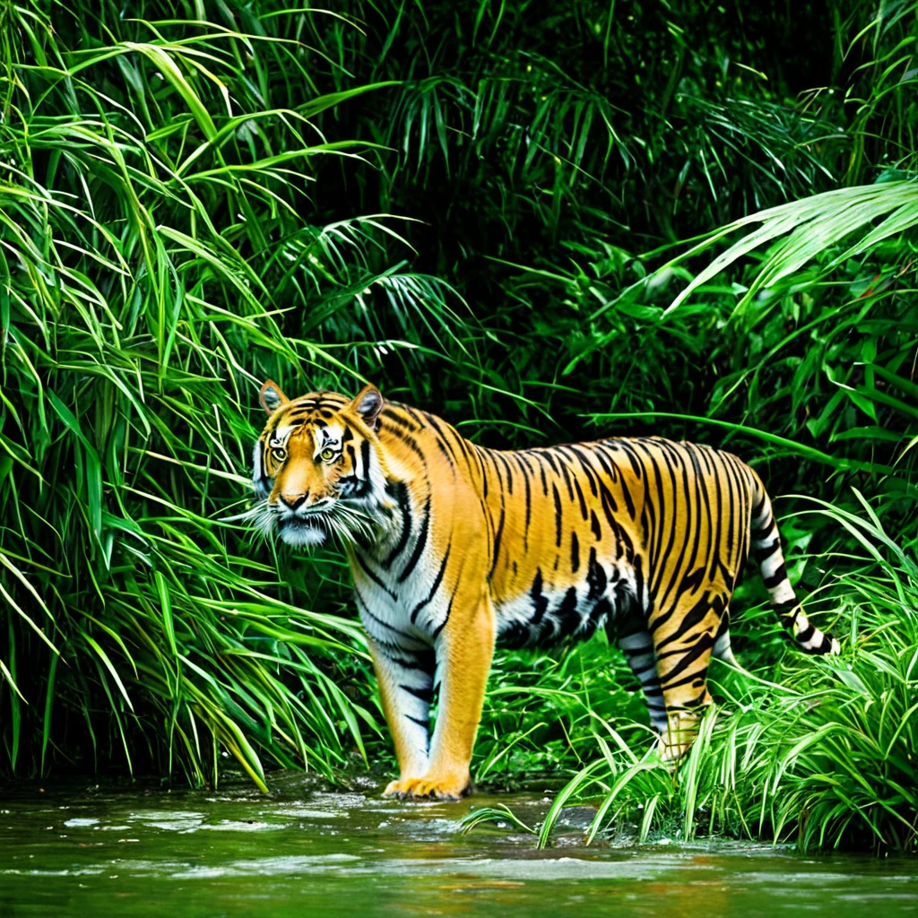 A tiger stalks through the jungle seeking prey
