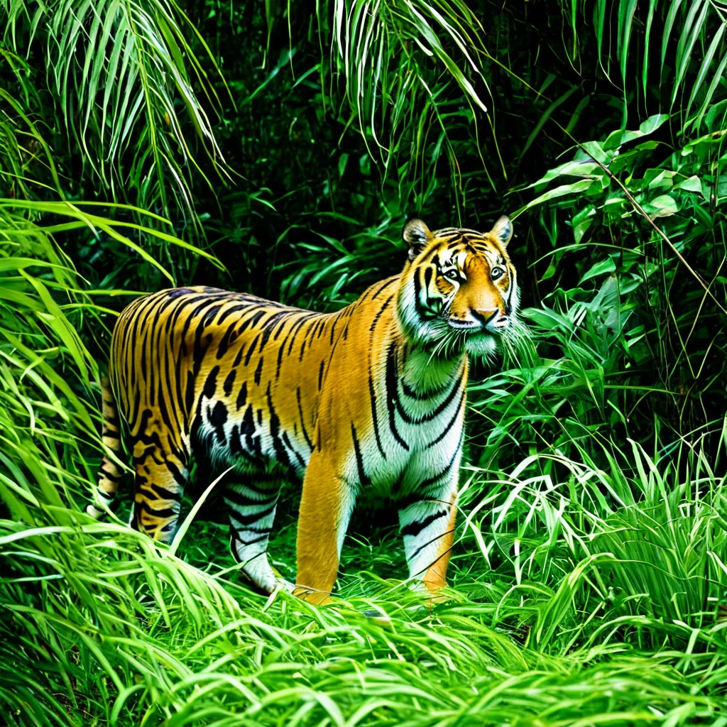 A tiger stalks through the jungle seeking prey