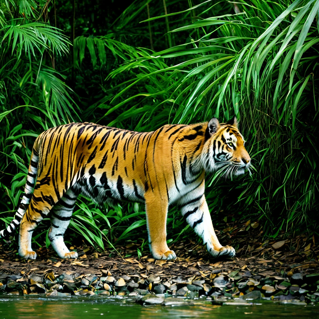 A tiger stalks through the jungle seeking prey