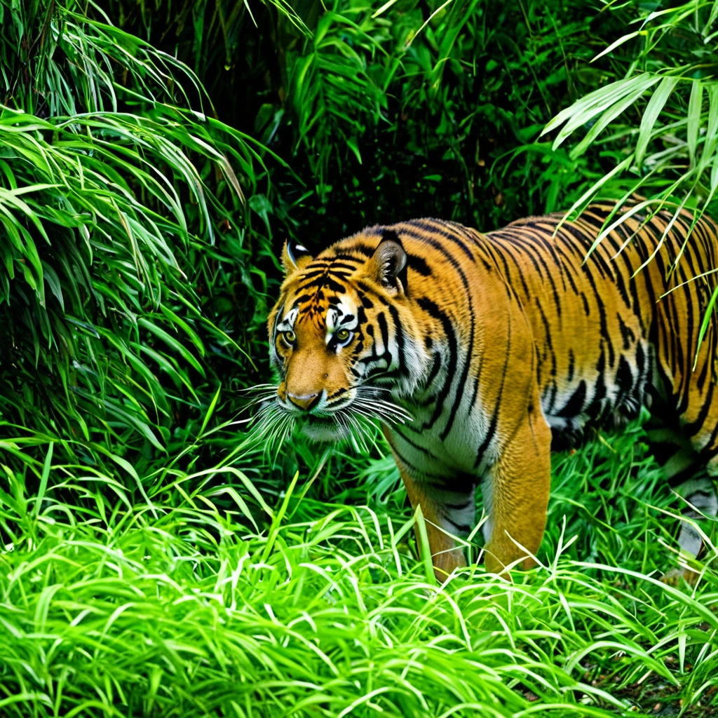 A tiger stalks through the jungle seeking prey