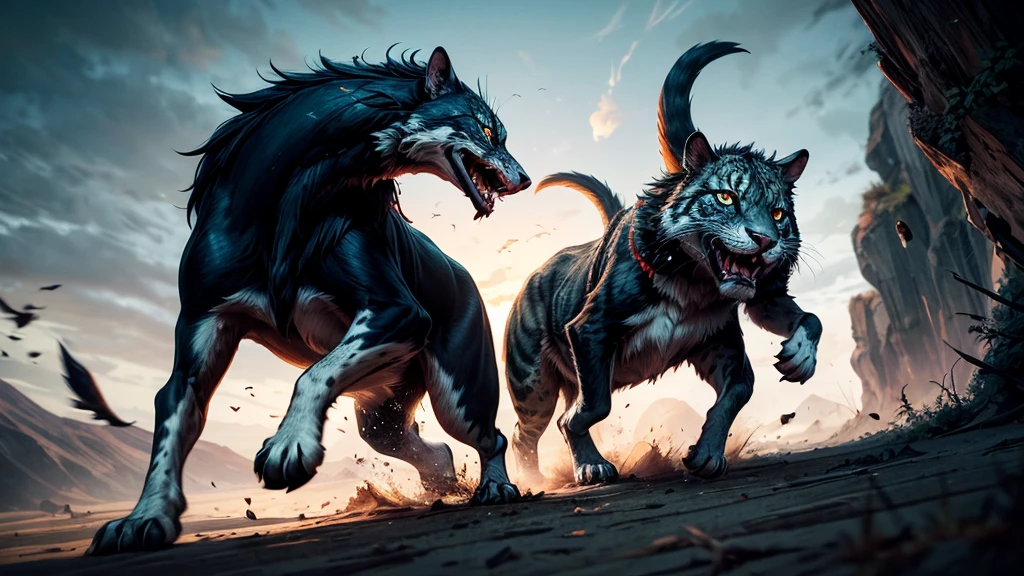 (a realistic wildlife portrait,ferocious animals fighting over prey) ,detailed eyes and fur texture,high contrast, vibrant colors,wildlife photography,sharp focus,stunning natural lighting,vivid animal expressions,dynamic movement,attention to anatomical details,action-packed scene,masterpiece:1.2,vivid colors,ultra-detailed,stunning wildlife drama,nature's raw beauty,hunters and hunted,realistic wildlife capture,thrilling wild encounter,aggressive predators,ferocious rivals,eye-catching, breathtaking moment,competition for survival,high-resolution,animal kingdom dominance,agility and strength,breathtaking chase scene,raw instinct unleashed,fast-paced movement,zoological exploration,life in the wilderness,exciting wildlife encounter,visceral interaction,heart-pounding wildlife drama,life-and-death struggle,ultimate hunter's showdown,jaw-dropping wilderness spectacle,autoplay of nature's wonders,earth's majestic creatures,dangerous wilderness pursuit,chase and capture,the thrill of the wild,animalistic intensity,unbridled power and ferocity,mesmerizing wildlife clash,natural beauty in action,adrenaline-fueled battle,graceful yet deadly predators,sublime wildlife moment.