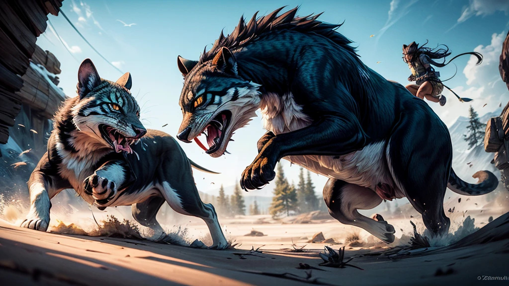 (a realistic wildlife portrait,ferocious animals fighting over prey) ,detailed eyes and fur texture,high contrast, vibrant colors,wildlife photography,sharp focus,stunning natural lighting,vivid animal expressions,dynamic movement,attention to anatomical details,action-packed scene,masterpiece:1.2,vivid colors,ultra-detailed,stunning wildlife drama,nature's raw beauty,hunters and hunted,realistic wildlife capture,thrilling wild encounter,aggressive predators,ferocious rivals,eye-catching, breathtaking moment,competition for survival,high-resolution,animal kingdom dominance,agility and strength,breathtaking chase scene,raw instinct unleashed,fast-paced movement,zoological exploration,life in the wilderness,exciting wildlife encounter,visceral interaction,heart-pounding wildlife drama,life-and-death struggle,ultimate hunter's showdown,jaw-dropping wilderness spectacle,autoplay of nature's wonders,earth's majestic creatures,dangerous wilderness pursuit,chase and capture,the thrill of the wild,animalistic intensity,unbridled power and ferocity,mesmerizing wildlife clash,natural beauty in action,adrenaline-fueled battle,graceful yet deadly predators,sublime wildlife moment.
