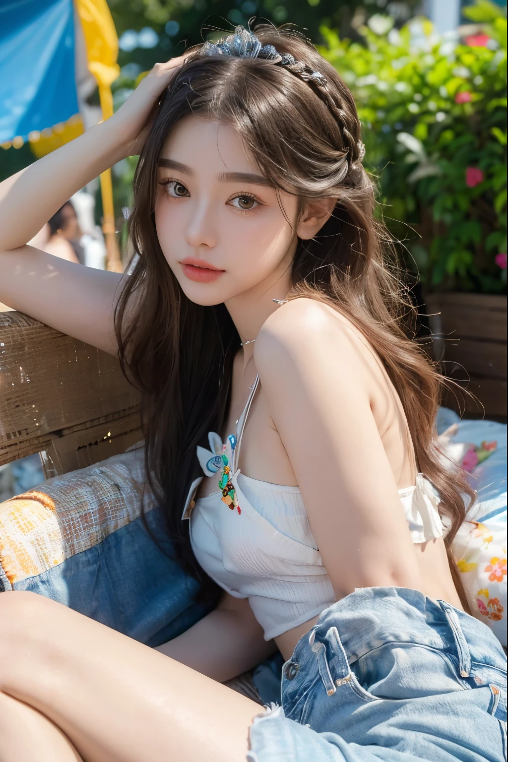 (8k, highest quality, ultra detailed:1.37), (Dina), 18yo, (a free-spirited Javanese girl), embraces the bohemian festival atmosphere. She wears a summer dress top with denim shorts and accessorizes with flowers and beads. Her brown hair in a crown braids was swept up in loose curls that tumbled down her back. The high-resolution image captures ultra-detailed realism, highlighting Dina's captivating eyes, long eyelashes, and smooth complexion. The vibrant festival setting adds an energetic and colorful backdrop to showcase Dina's carefree and artistic personality.