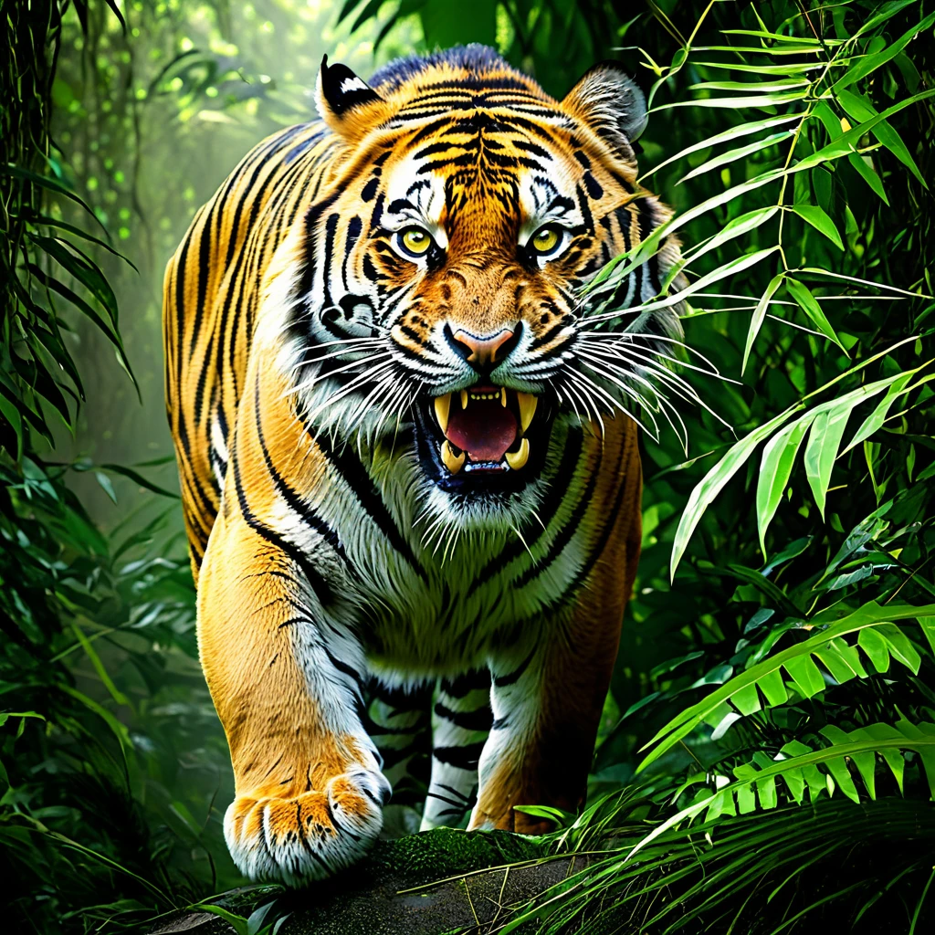(highres:1.2),(realistic:1.37),tiger,jungle,stalks through the jungle,seeking prey,ferocious,striking,green foliage,thick vines,majestic creature,intense gaze,sharp teeth,powerful muscles,wild and untamed,hidden in the shadows,silent footsteps,intense yellow eyes,rippling stripes,camouflaged,predator,blend with the environment,alert and focused,primeval forest,stealthily moves,ready to pounce,hunting instinct,ambushes its prey,survival of the fittest,vivid colors of the jungle,piercing roars,prowling in the wilderness,wilderness sounds,unrelenting pursuit,ferocity,king of the jungle,mesmerizing beauty,intrepid hunter,lurks in the undergrowth,darting movements,graceful and agile,dominance in nature,unseen danger,invisible predator,untamed power,adapts to its surroundings,perfectly evolved,dangerous and majestic.