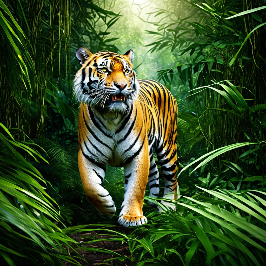(highres:1.2),(realistic:1.37),tiger,jungle,stalks through the jungle,seeking prey,ferocious,striking,green foliage,thick vines,majestic creature,intense gaze,sharp teeth,powerful muscles,wild and untamed,hidden in the shadows,silent footsteps,intense yellow eyes,rippling stripes,camouflaged,predator,blend with the environment,alert and focused,primeval forest,stealthily moves,ready to pounce,hunting instinct,ambushes its prey,survival of the fittest,vivid colors of the jungle,piercing roars,prowling in the wilderness,wilderness sounds,unrelenting pursuit,ferocity,king of the jungle,mesmerizing beauty,intrepid hunter,lurks in the undergrowth,darting movements,graceful and agile,dominance in nature,unseen danger,invisible predator,untamed power,adapts to its surroundings,perfectly evolved,dangerous and majestic.