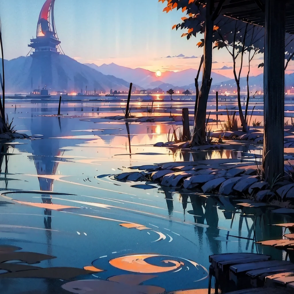 2D impressionist illustration: A sunset scene expressing the calm atmosphere of a resort in early summer