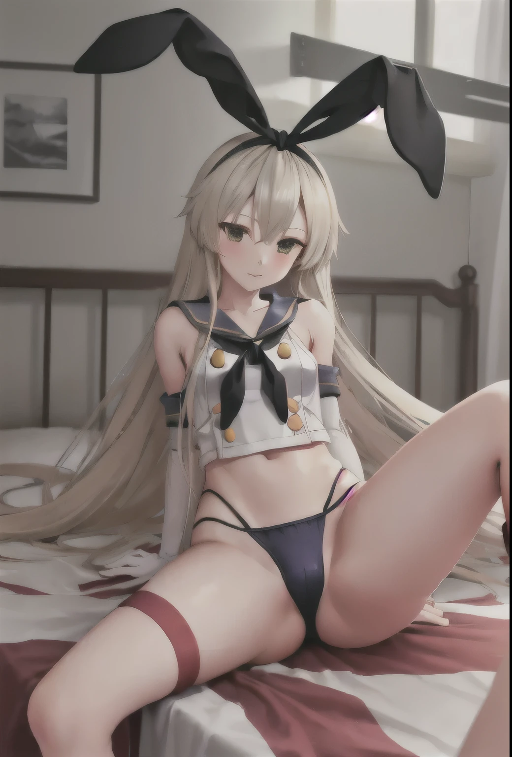 {Safety:1.10}, highest quality, masterpiece, High resolution, alone, {shimakaze_Fleet Collection:0.90}, ((whole body、Sexy pose、On the bed、Spread your legs))