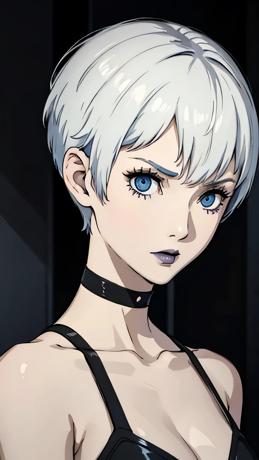 1girl, serious face, lipstick, very Short hair, white hair, blue eyes, portrait, Pixie hair cut, Black battle suit, black choker, Black lipstick , tomboy pixie haircut