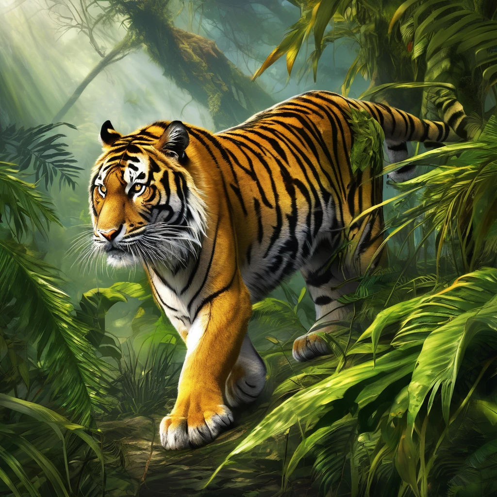 (highres:1.2),(realistic:1.37),tiger,jungle,stalks through the jungle,seeking prey,ferocious,striking,green foliage,thick vines,majestic creature,intense gaze,sharp teeth,powerful muscles,wild and untamed,hidden in the shadows,silent footsteps,intense yellow eyes,rippling stripes,camouflaged,predator,blend with the environment,alert and focused,primeval forest,stealthily moves,ready to pounce,hunting instinct,ambushes its prey,survival of the fittest,vivid colors of the jungle,piercing roars,prowling in the wilderness,wilderness sounds,unrelenting pursuit,ferocity,king of the jungle,mesmerizing beauty,intrepid hunter,lurks in the undergrowth,darting movements,graceful and agile,dominance in nature,unseen danger,invisible predator,untamed power,adapts to its surroundings,perfectly evolved,dangerous and majestic.