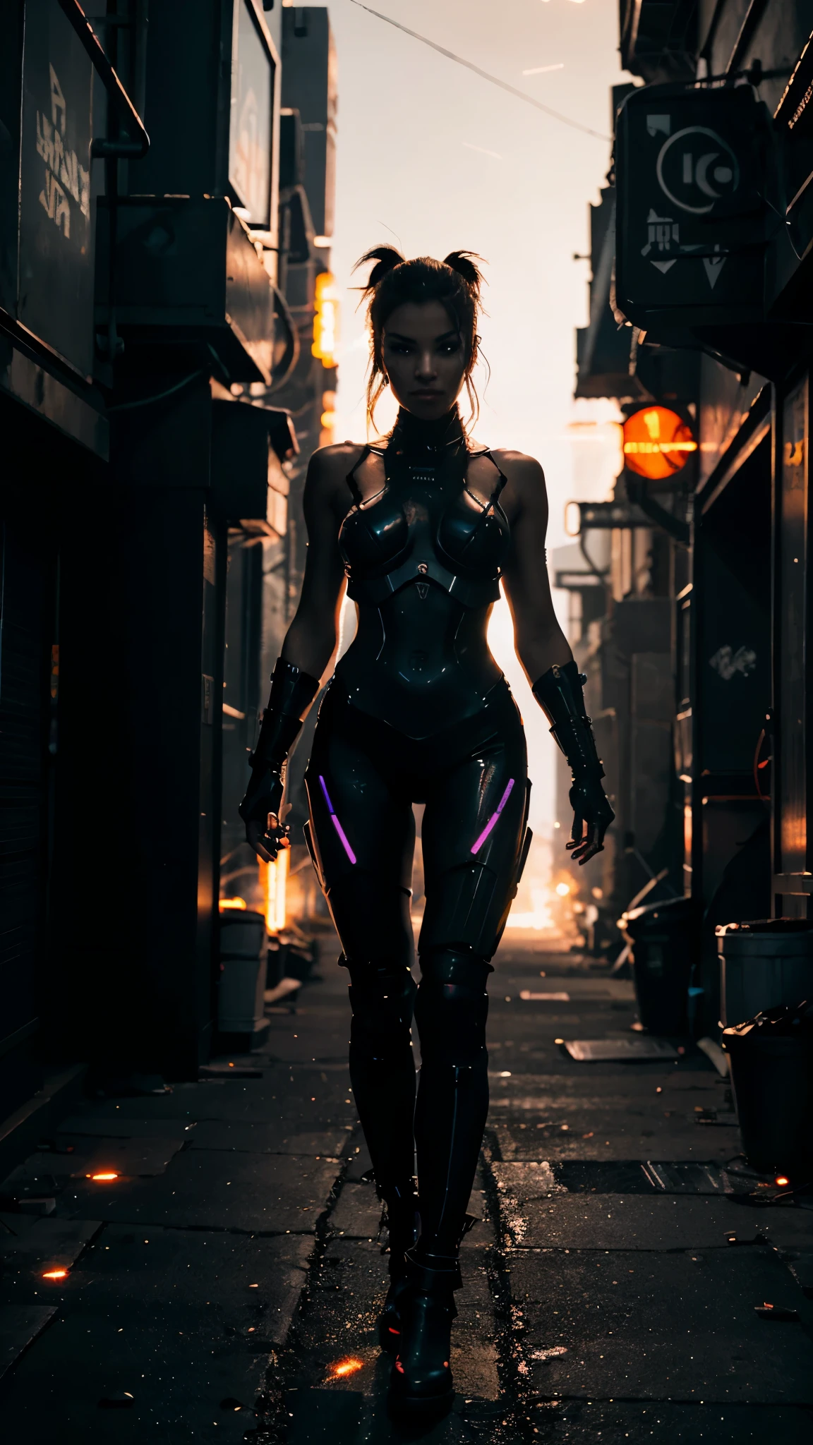 A fierce cybernetic warrior engaged in battle in a dark alley, with glowing cybernetic enhancements, a sleek futuristic weapon, and sparks flying from clashing metal under the glow of neon signs