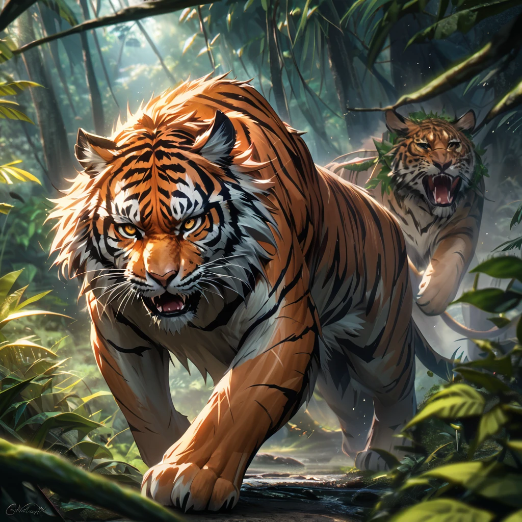 (highres:1.2),(realistic:1.37),tiger,jungle,stalks through the jungle,seeking prey,ferocious,striking,green foliage,thick vines,majestic creature,intense gaze,sharp teeth,powerful muscles,wild and untamed,hidden in the shadows,silent footsteps,intense yellow eyes,rippling stripes,camouflaged,predator,blend with the environment,alert and focused,primeval forest,stealthily moves,ready to pounce,hunting instinct,ambushes its prey,survival of the fittest,vivid colors of the jungle,piercing roars,prowling in the wilderness,wilderness sounds,unrelenting pursuit,ferocity,king of the jungle,mesmerizing beauty,intrepid hunter,lurks in the undergrowth,darting movements,graceful and agile,dominance in nature,unseen danger,invisible predator,untamed power,adapts to its surroundings,perfectly evolved,dangerous and majestic.