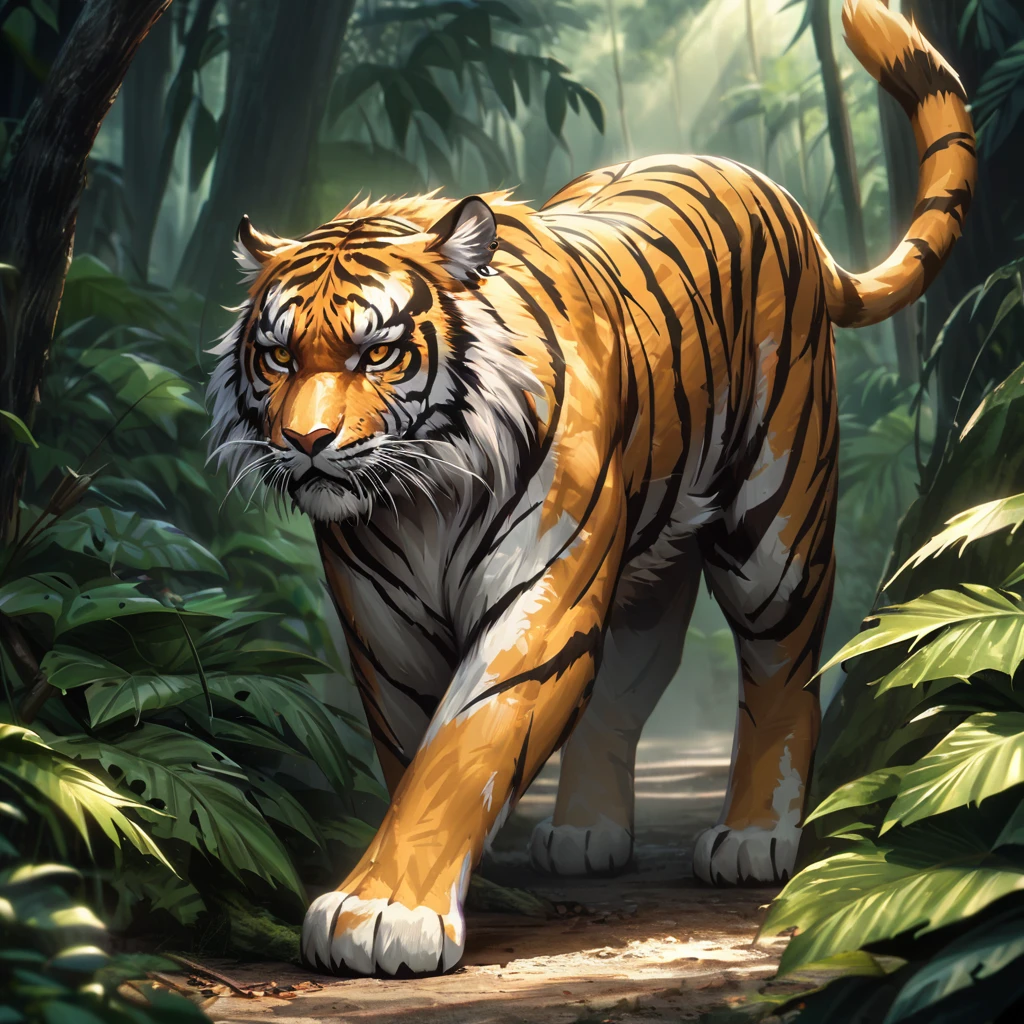 (highres:1.2),(realistic:1.37),tiger,jungle,stalks through the jungle,seeking prey,ferocious,striking,green foliage,thick vines,majestic creature,intense gaze,sharp teeth,powerful muscles,wild and untamed,hidden in the shadows,silent footsteps,intense yellow eyes,rippling stripes,camouflaged,predator,blend with the environment,alert and focused,primeval forest,stealthily moves,ready to pounce,hunting instinct,ambushes its prey,survival of the fittest,vivid colors of the jungle,piercing roars,prowling in the wilderness,wilderness sounds,unrelenting pursuit,ferocity,king of the jungle,mesmerizing beauty,intrepid hunter,lurks in the undergrowth,darting movements,graceful and agile,dominance in nature,unseen danger,invisible predator,untamed power,adapts to its surroundings,perfectly evolved,dangerous and majestic.
